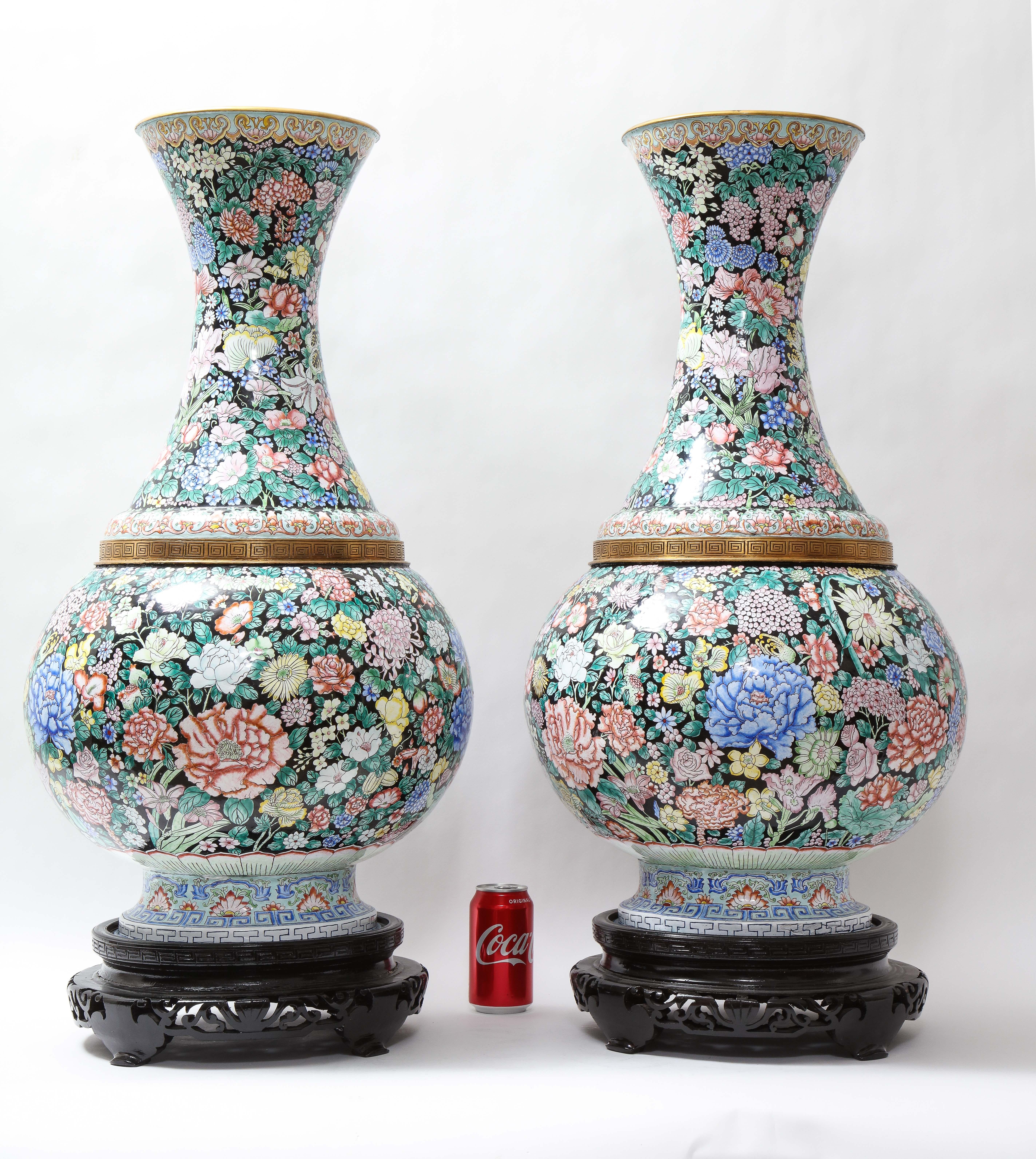 Qing Large Pair Chinese Famille Noir Canton Enamel Vases Painted W/ Flowers & Fruit For Sale