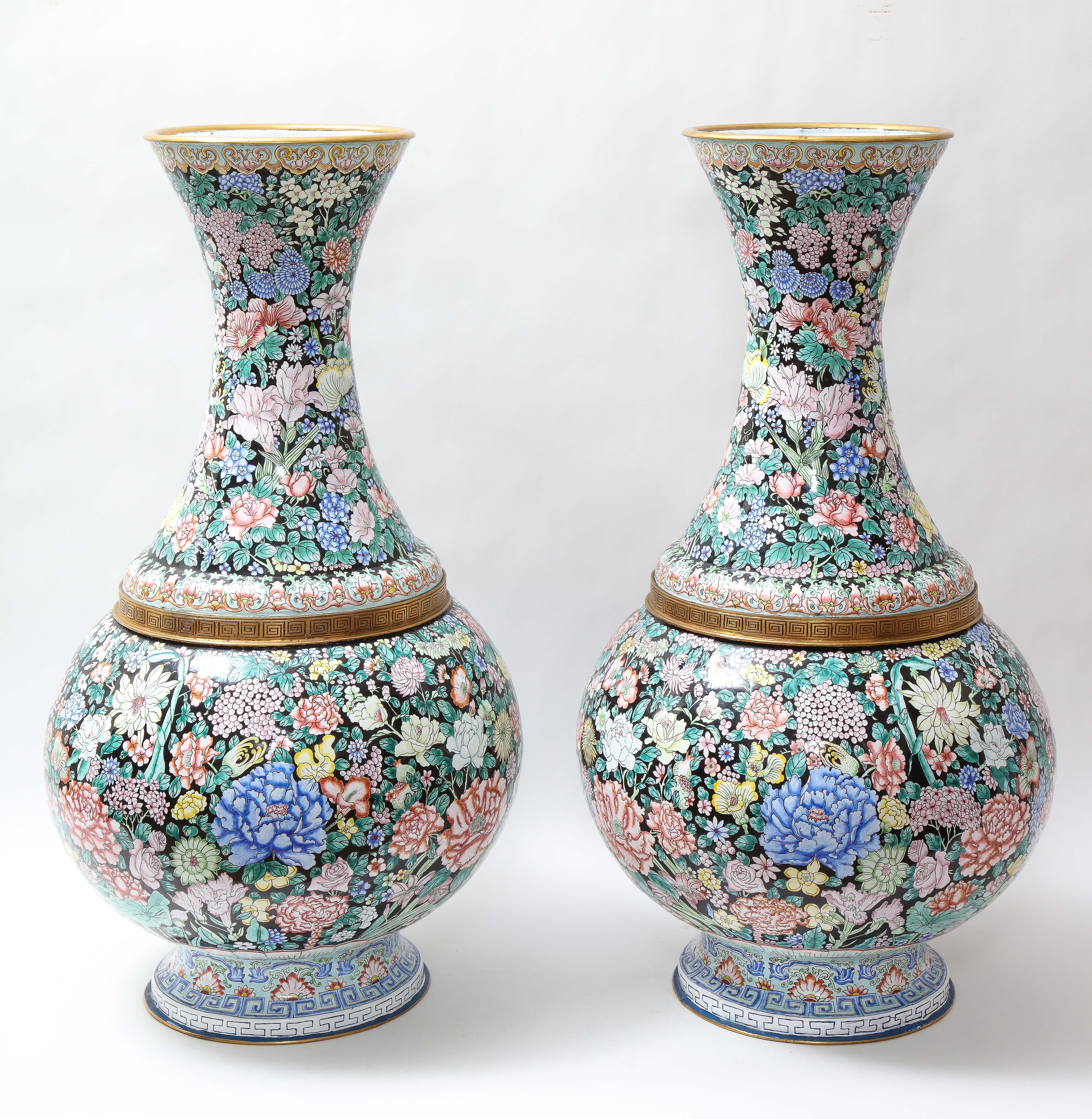 Enameled Large Pair Chinese Famille Noir Canton Enamel Vases Painted W/ Flowers & Fruit For Sale