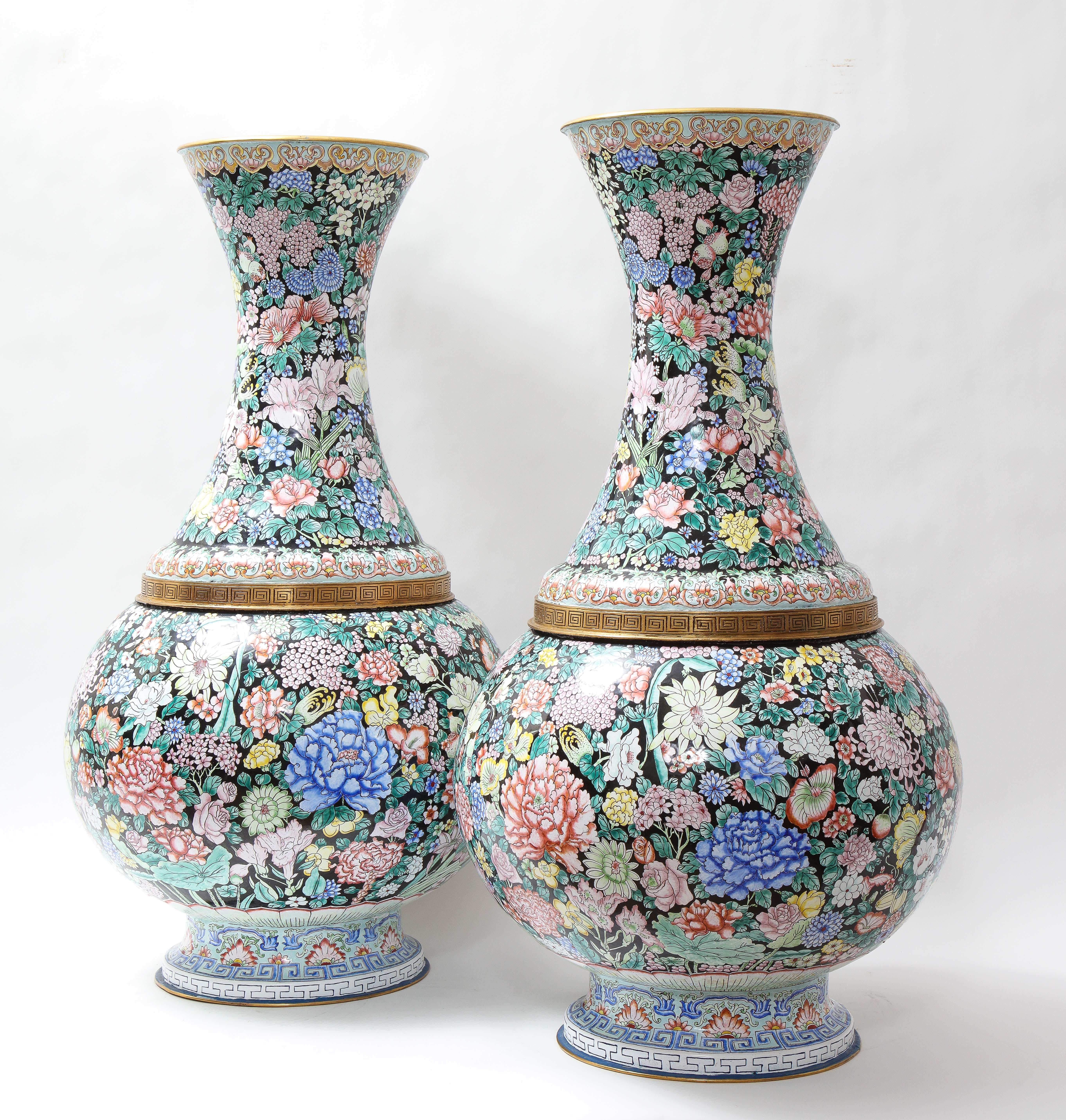 Mid-20th Century Large Pair Chinese Famille Noir Canton Enamel Vases Painted W/ Flowers & Fruit