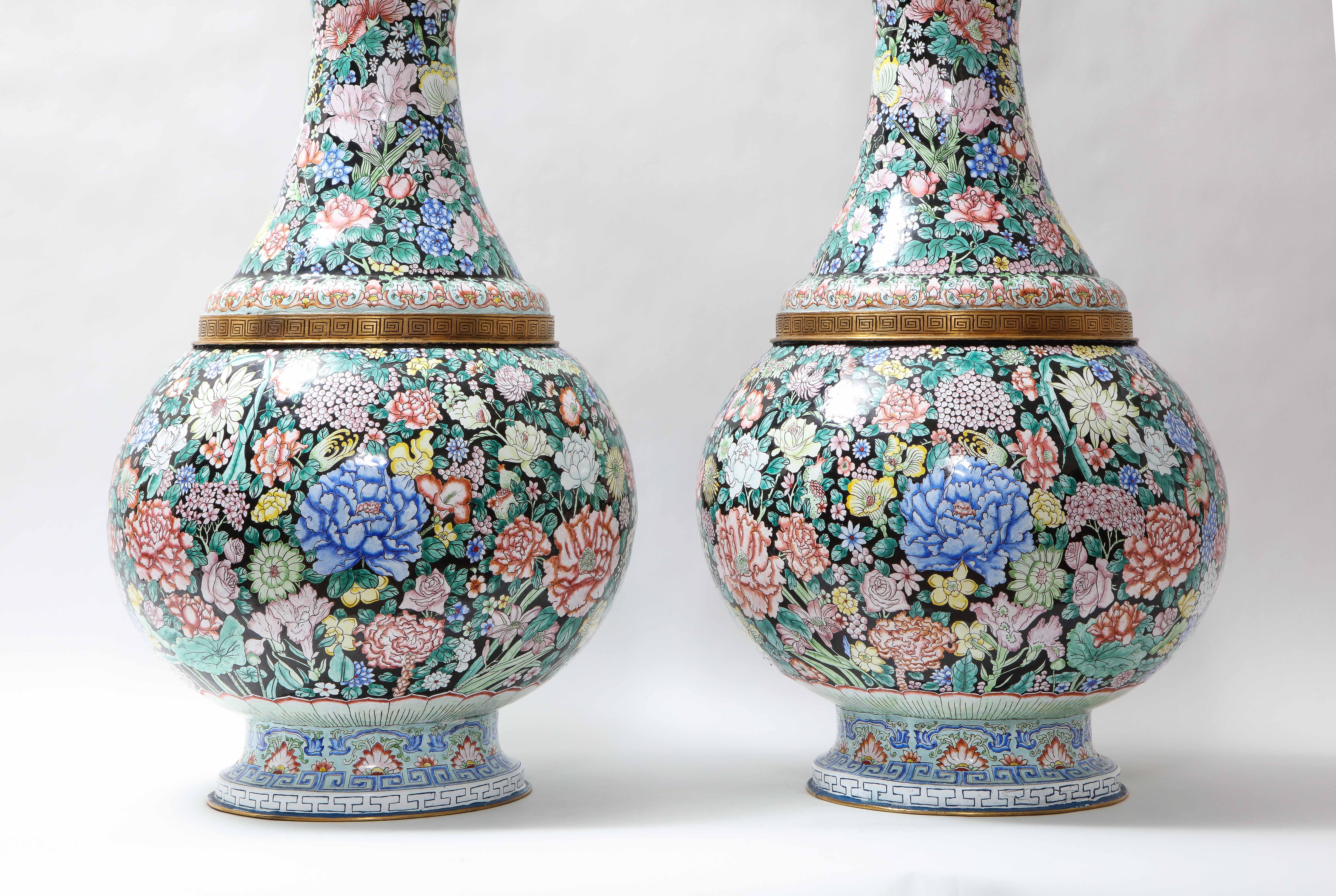 Bronze Large Pair Chinese Famille Noir Canton Enamel Vases Painted W/ Flowers & Fruit
