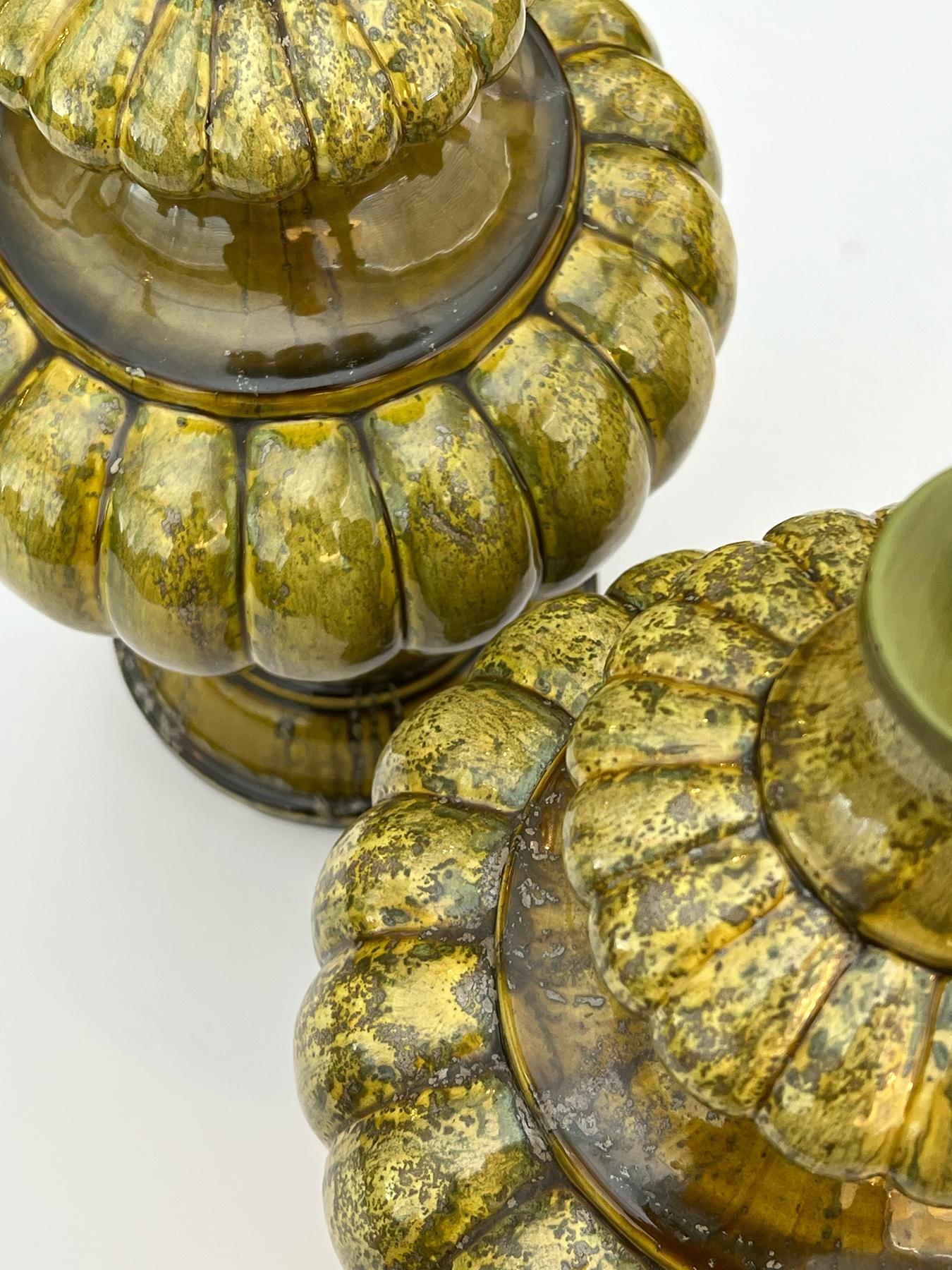Modern A Large Pair of 1960s Baluster-form Lobed Chartreuse Drip-Glazed Lamps For Sale