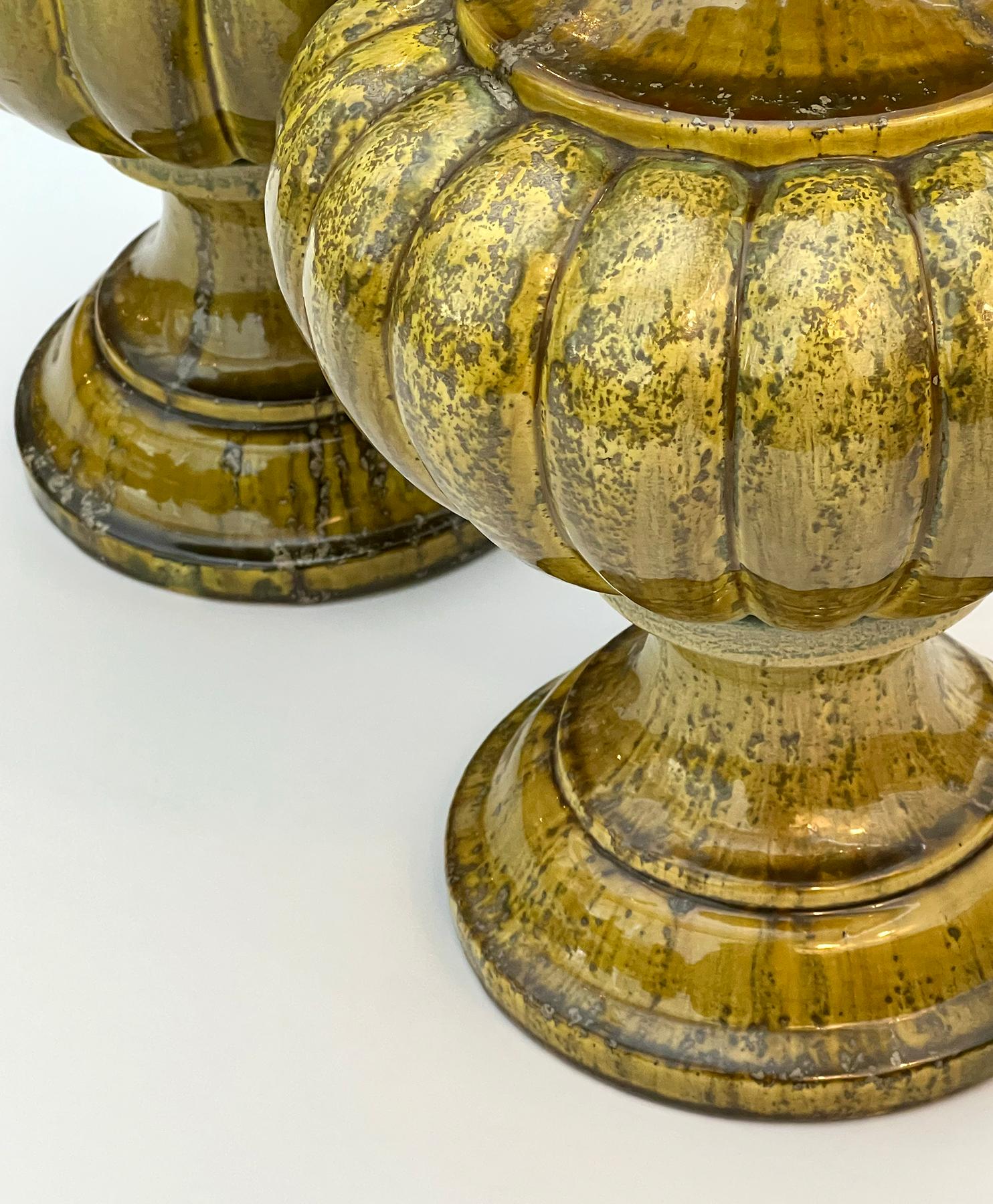American A Large Pair of 1960s Baluster-form Lobed Chartreuse Drip-Glazed Lamps For Sale