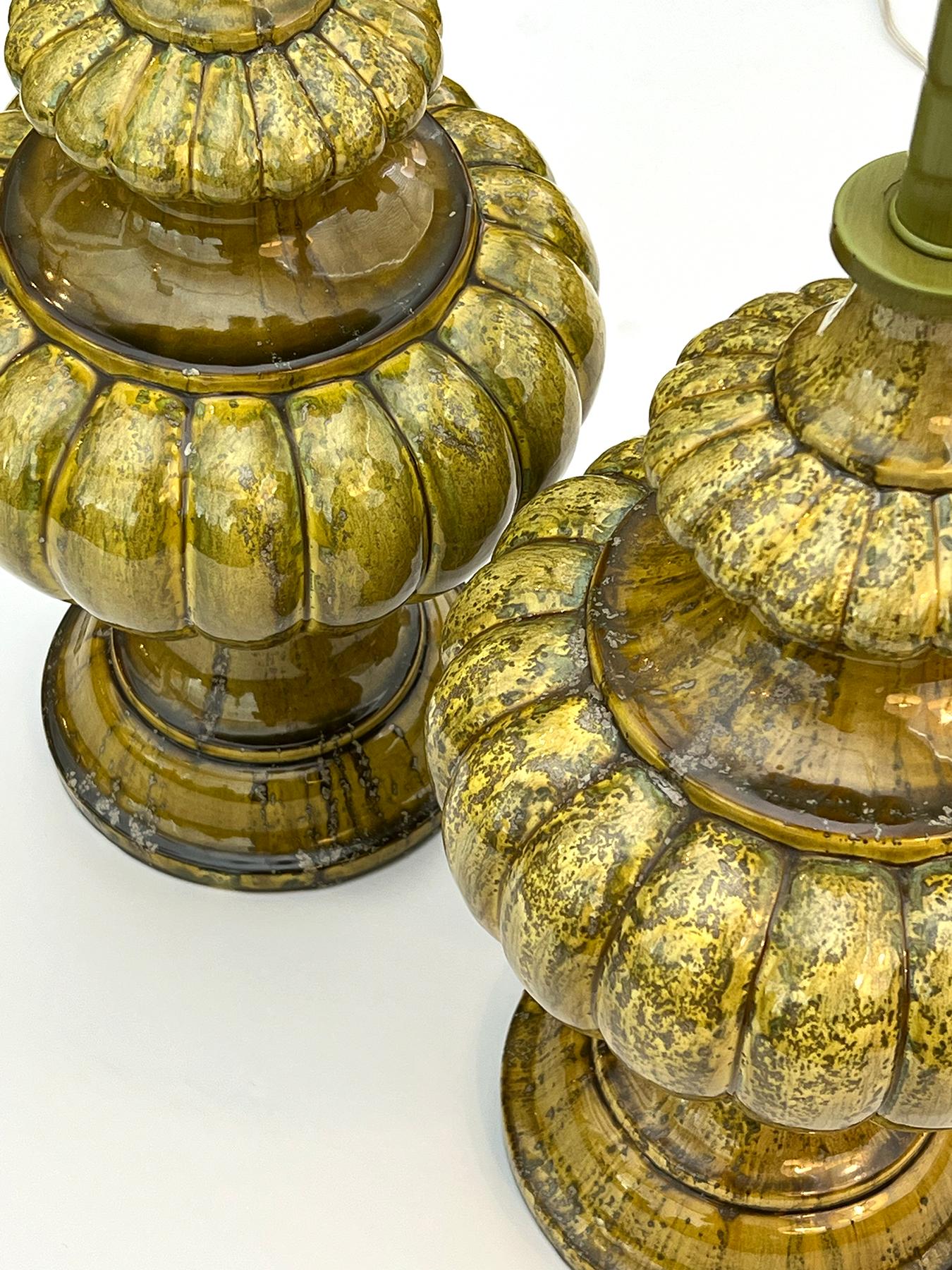 A Large Pair of 1960s Baluster-form Lobed Chartreuse Drip-Glazed Lamps In Good Condition For Sale In San Francisco, CA