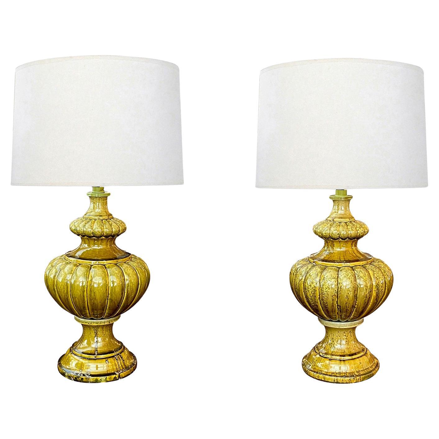 A Large Pair of 1960s Baluster-form Lobed Chartreuse Drip-Glazed Lamps