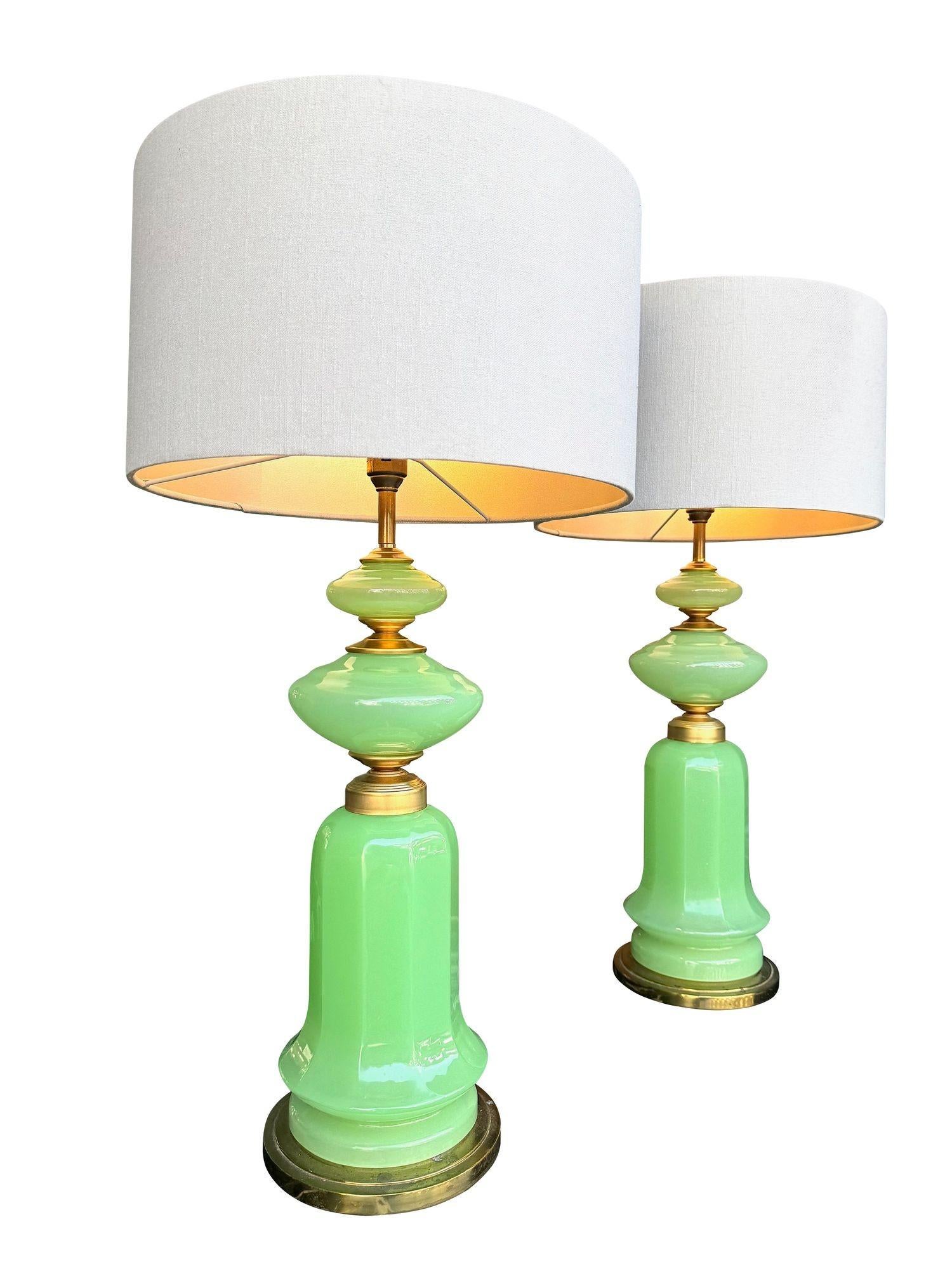 A wonderful large pair of 1960s opaline, lime green Murano glass lamps by Gino Cenedese with original label 