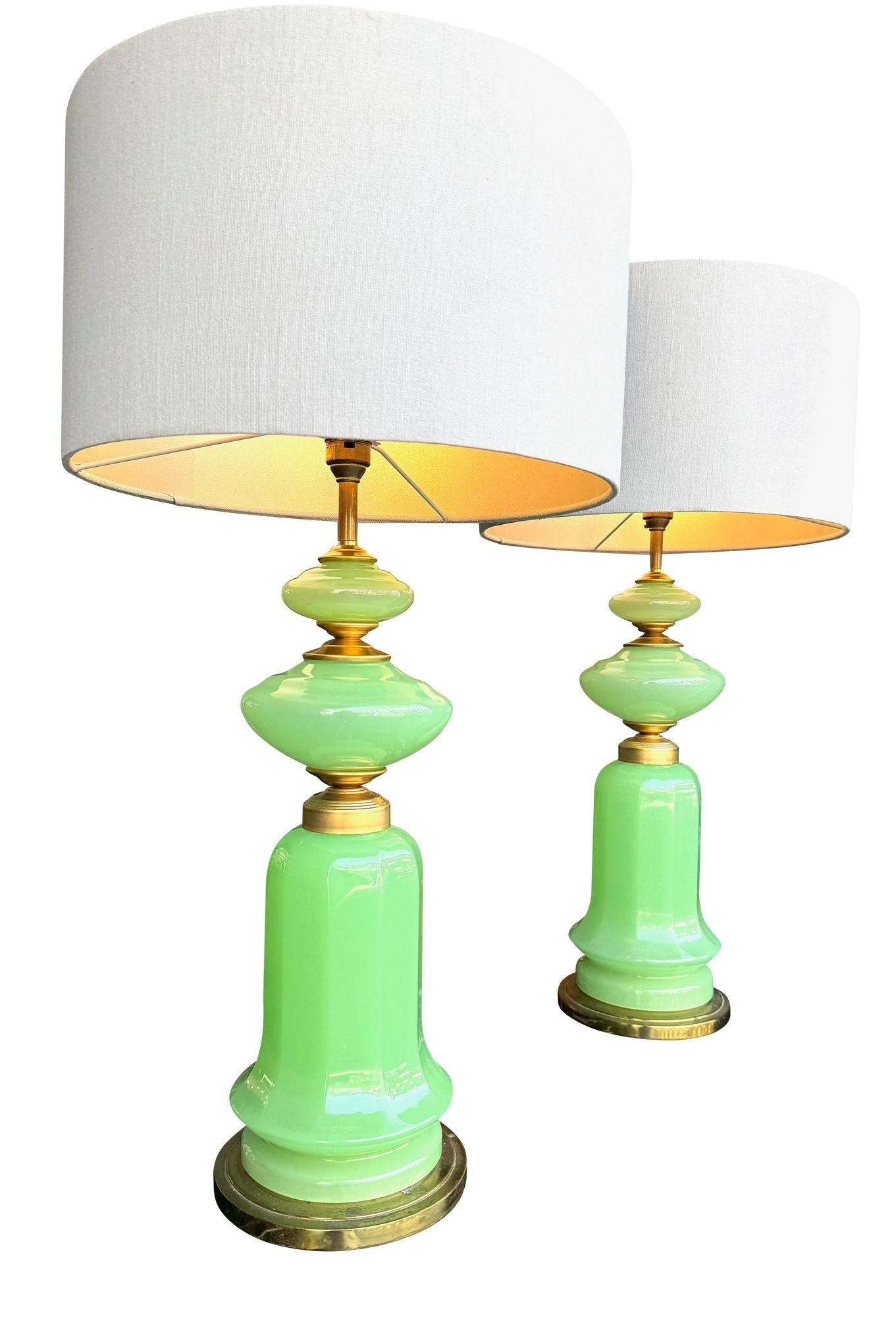 Brass A large pair of 1960s opaline Murano lime green glass lamps by Gino Cenedese