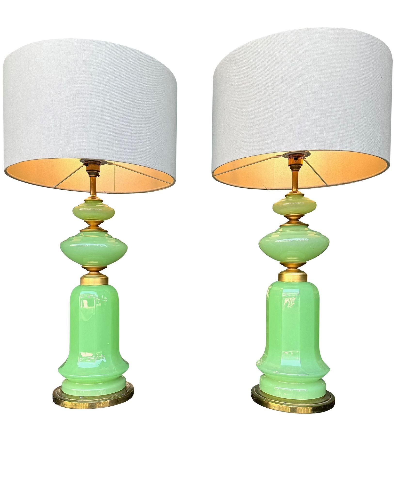 A large pair of 1960s opaline Murano lime green glass lamps by Gino Cenedese 1