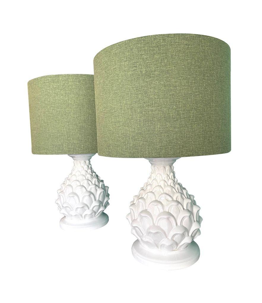A large pair of 1970s Italian ceramic artichoke lamps with new bespoke shades For Sale 2
