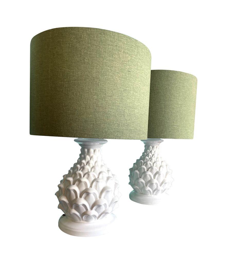 A large pair of 1970s Italian ceramic artichoke lamps with new bespoke shades For Sale 5