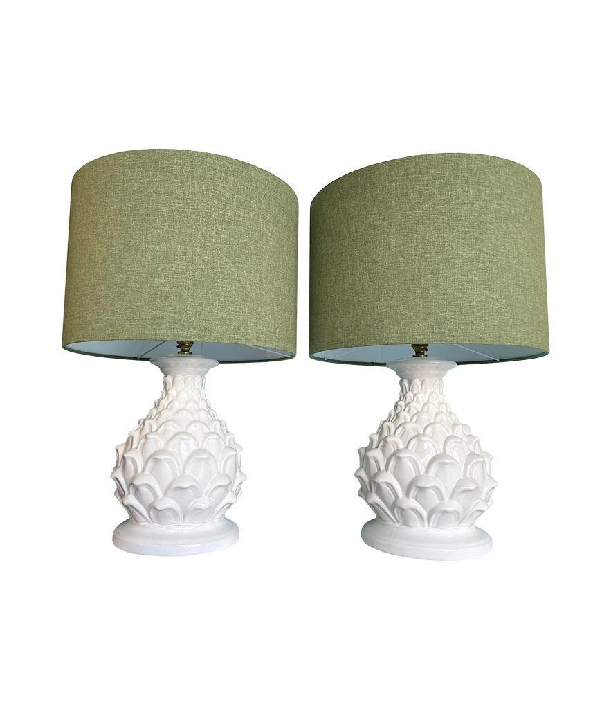 A large pair of 1970s Italian ceramic artichoke lamps with new bespoke shades For Sale 6
