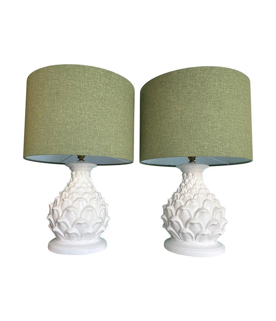A large pair of 1970s Italian ceramic artichoke lamps with new bespoke shades For Sale 7