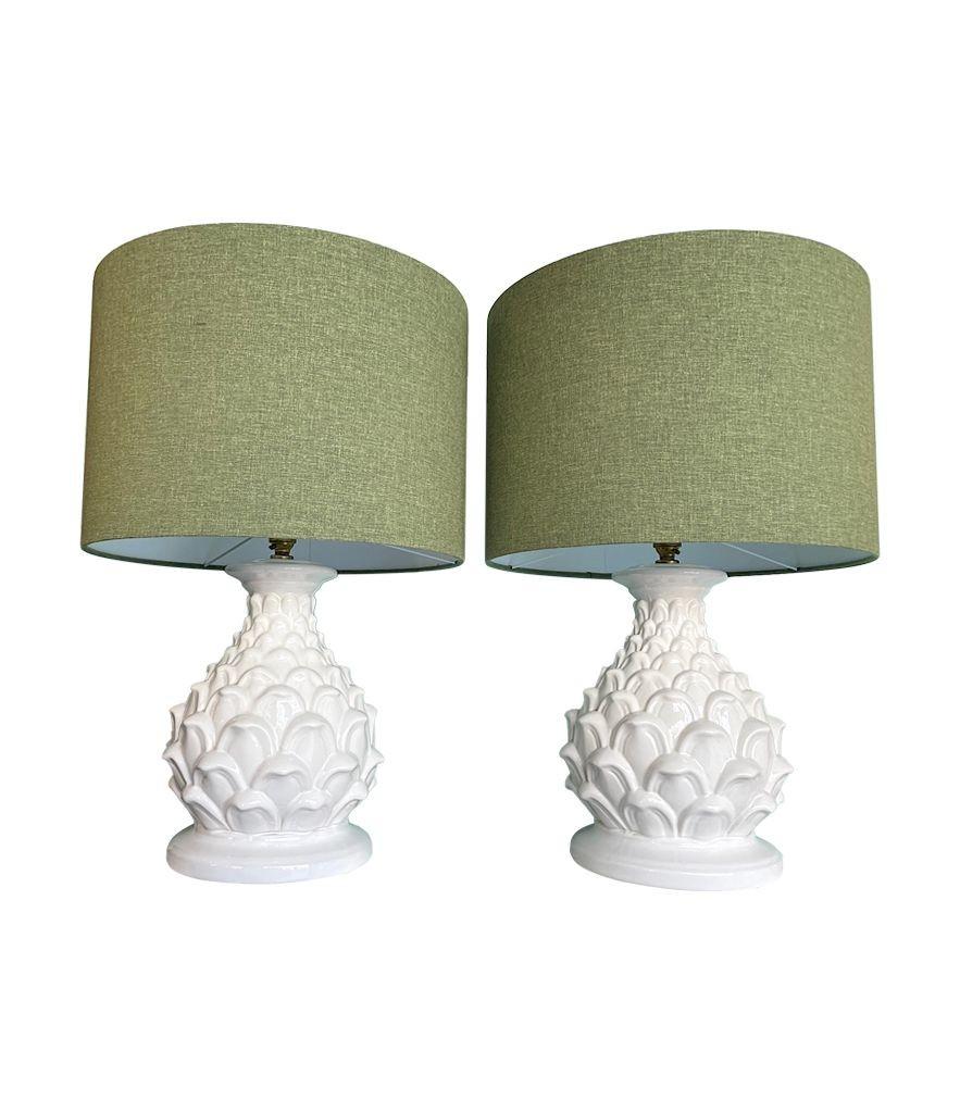 A large pair of 1970s Italian ceramic artichoke lamps with new bespoke shades For Sale 5