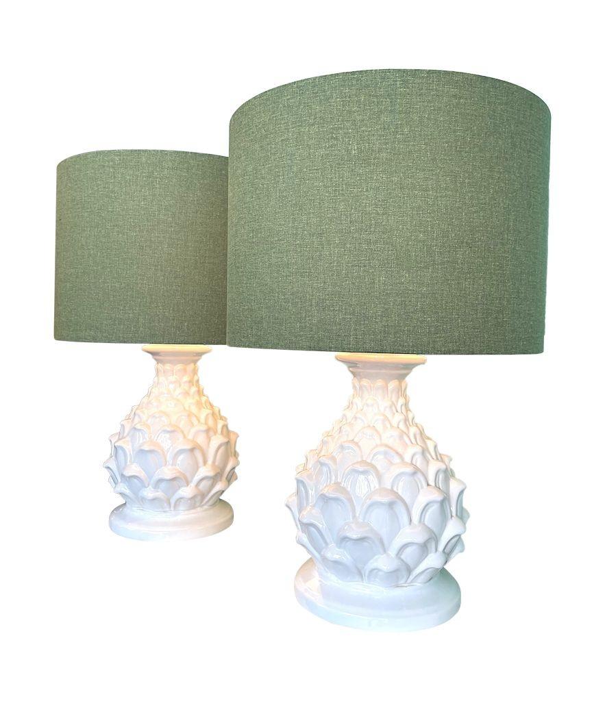 A large pair of 1970s Italian ceramic artichoke lamps with new brass fittings, antique cord flex and switch. 