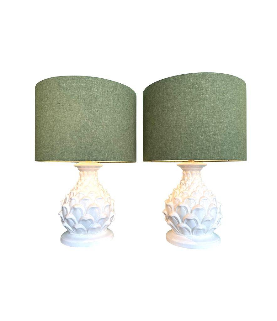 Mid-Century Modern A large pair of 1970s Italian ceramic artichoke lamps with new bespoke shades For Sale