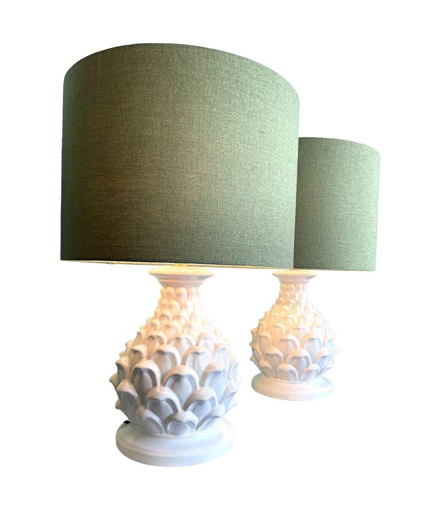 A large pair of 1970s Italian ceramic artichoke lamps with new bespoke shades In Good Condition For Sale In London, GB