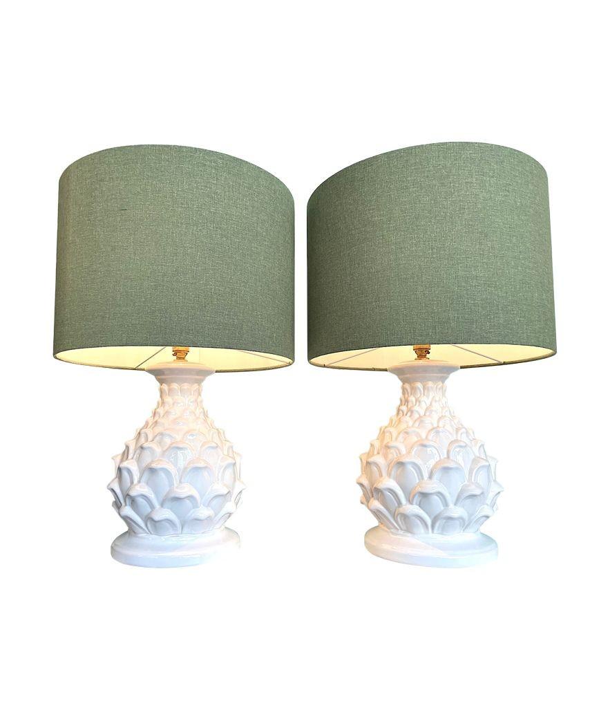 Late 20th Century A large pair of 1970s Italian ceramic artichoke lamps with new bespoke shades For Sale