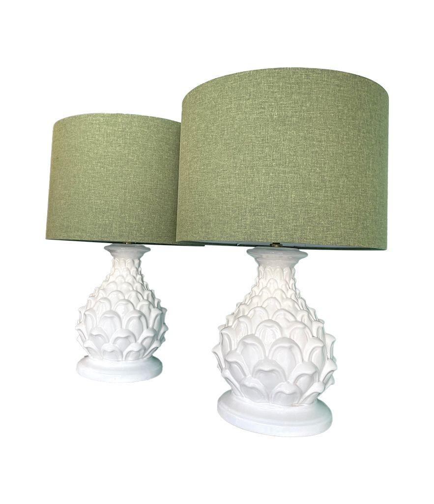 A large pair of 1970s Italian ceramic artichoke lamps with new bespoke shades For Sale 3