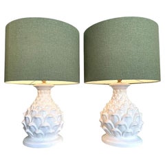 Vintage A large pair of 1970s Italian ceramic artichoke lamps with new bespoke shades