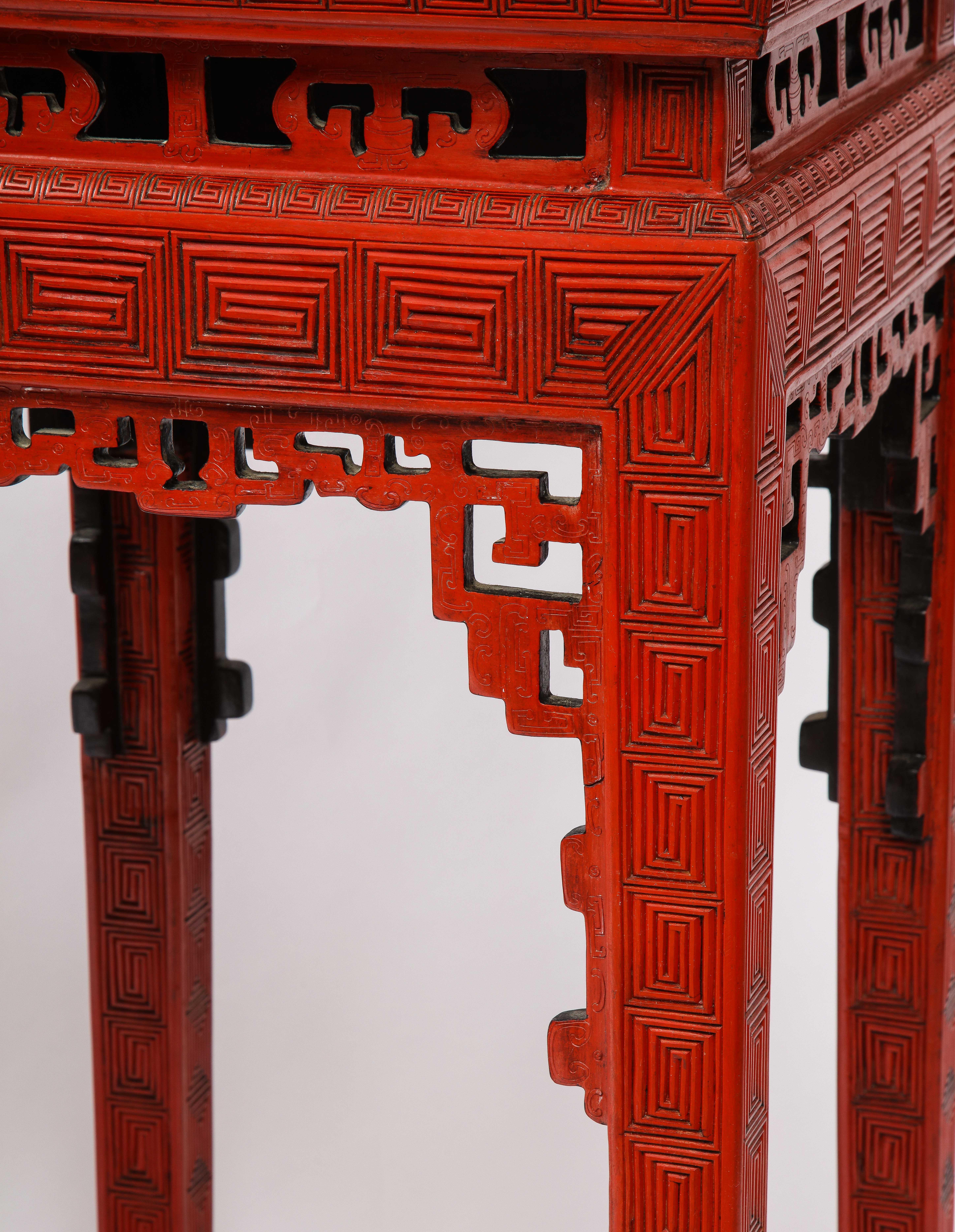 A Large Pair of 19th C. Chinese Red Cinnabar Lacquer 5-Claw Dragon Pedestals 4