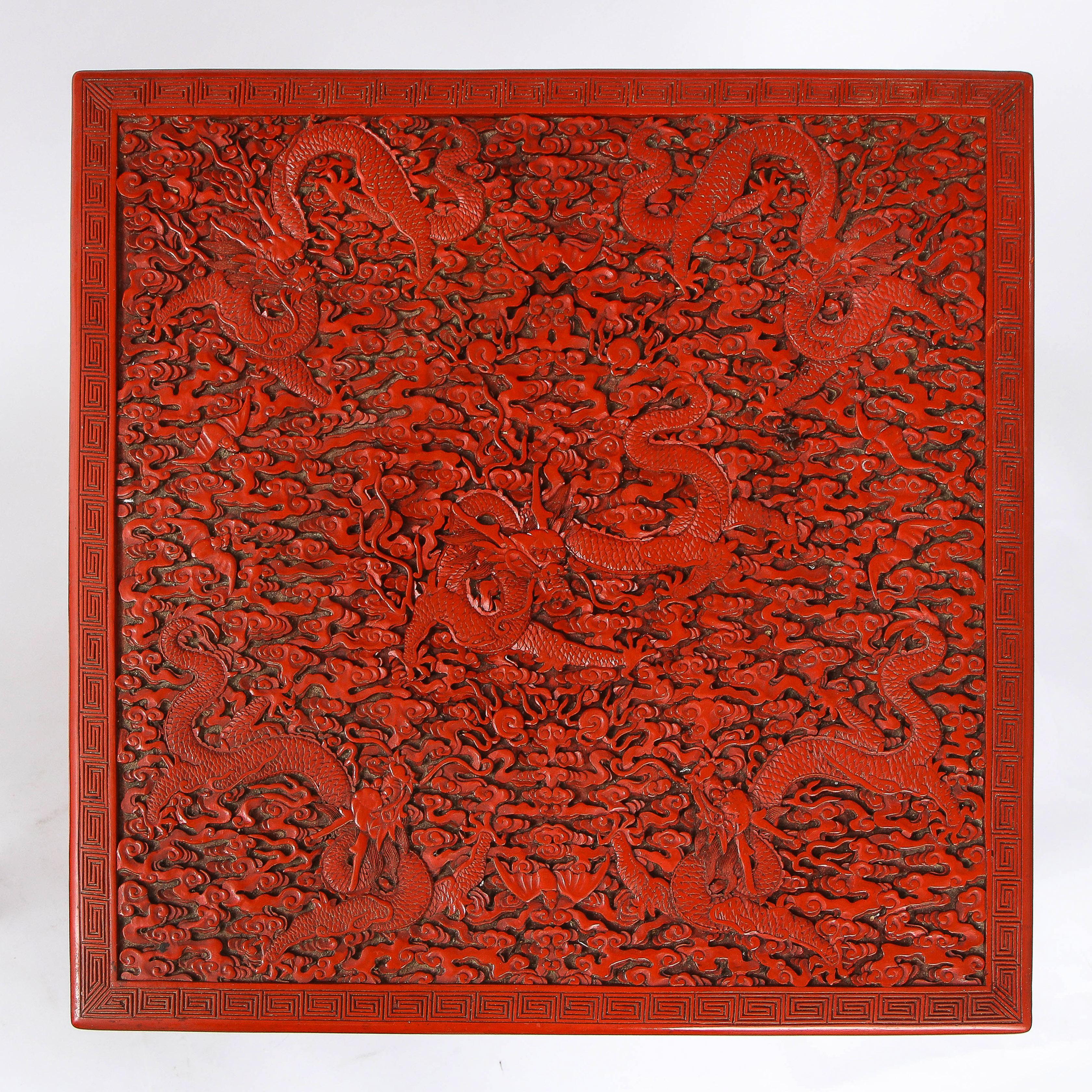 A Large Pair of 19th C. Chinese Red Cinnabar Lacquer 5-Claw Dragon Pedestals 6