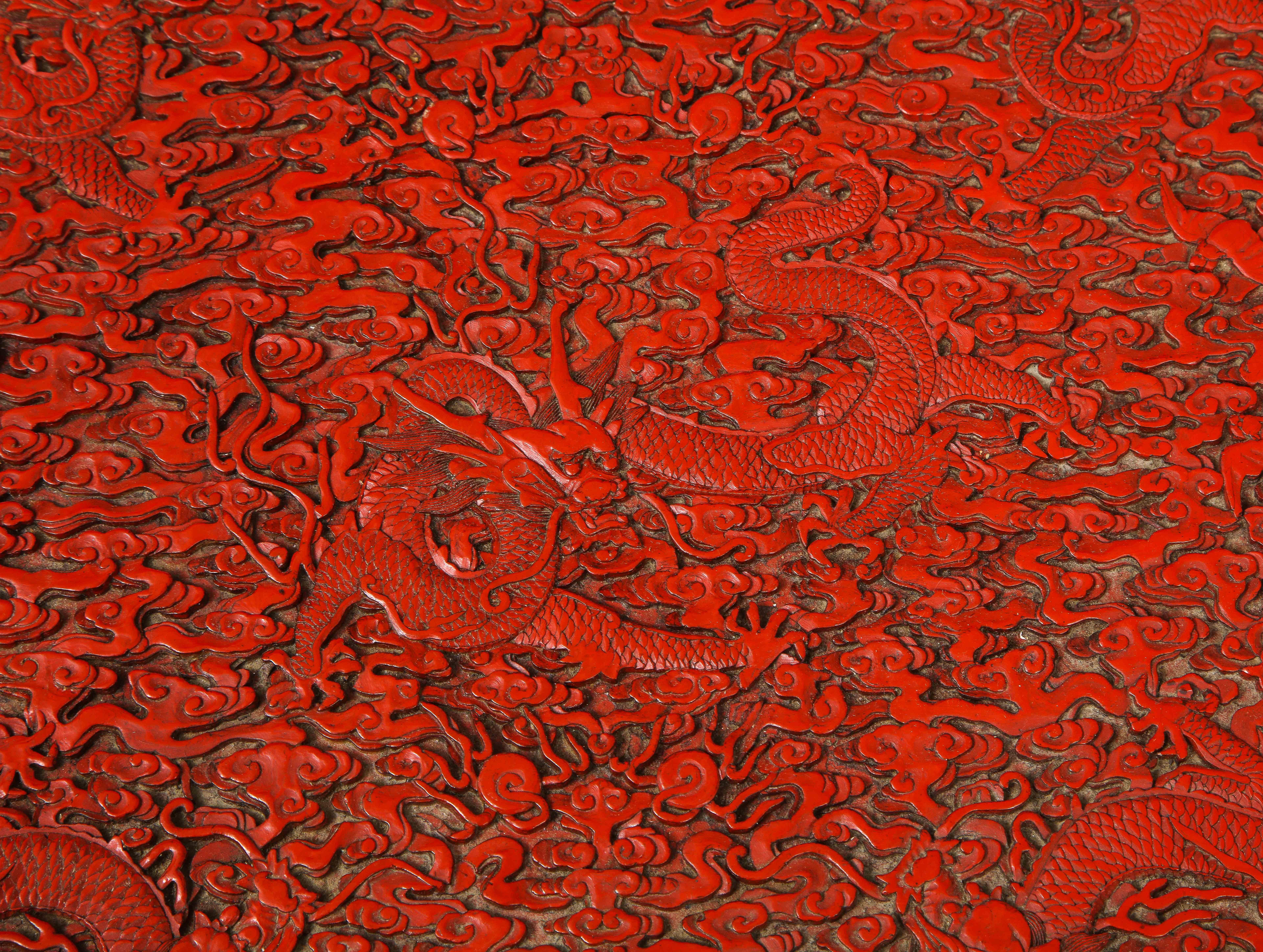 A Large Pair of 19th C. Chinese Red Cinnabar Lacquer 5-Claw Dragon Pedestals 7