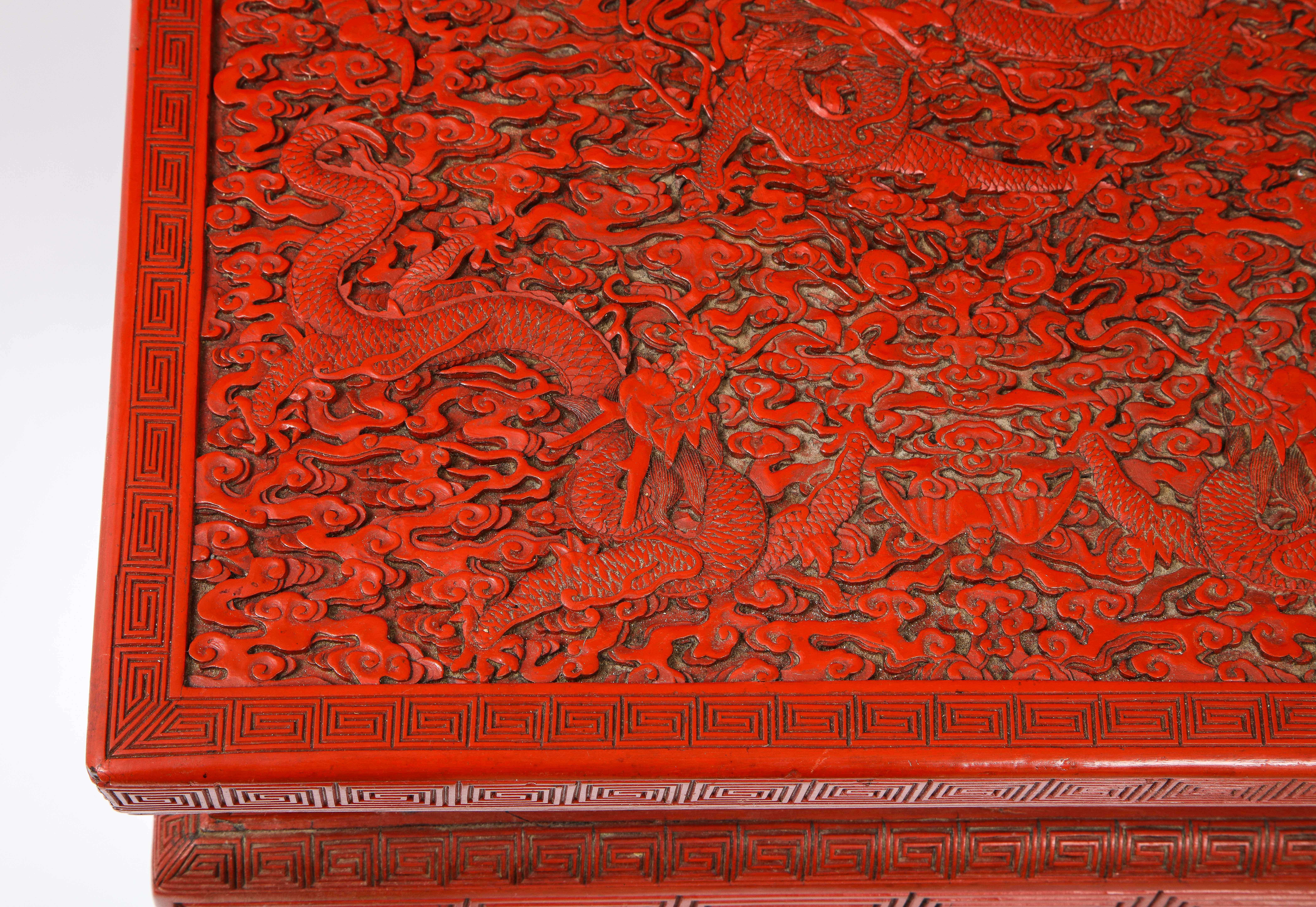 A Large Pair of 19th C. Chinese Red Cinnabar Lacquer 5-Claw Dragon Pedestals 8