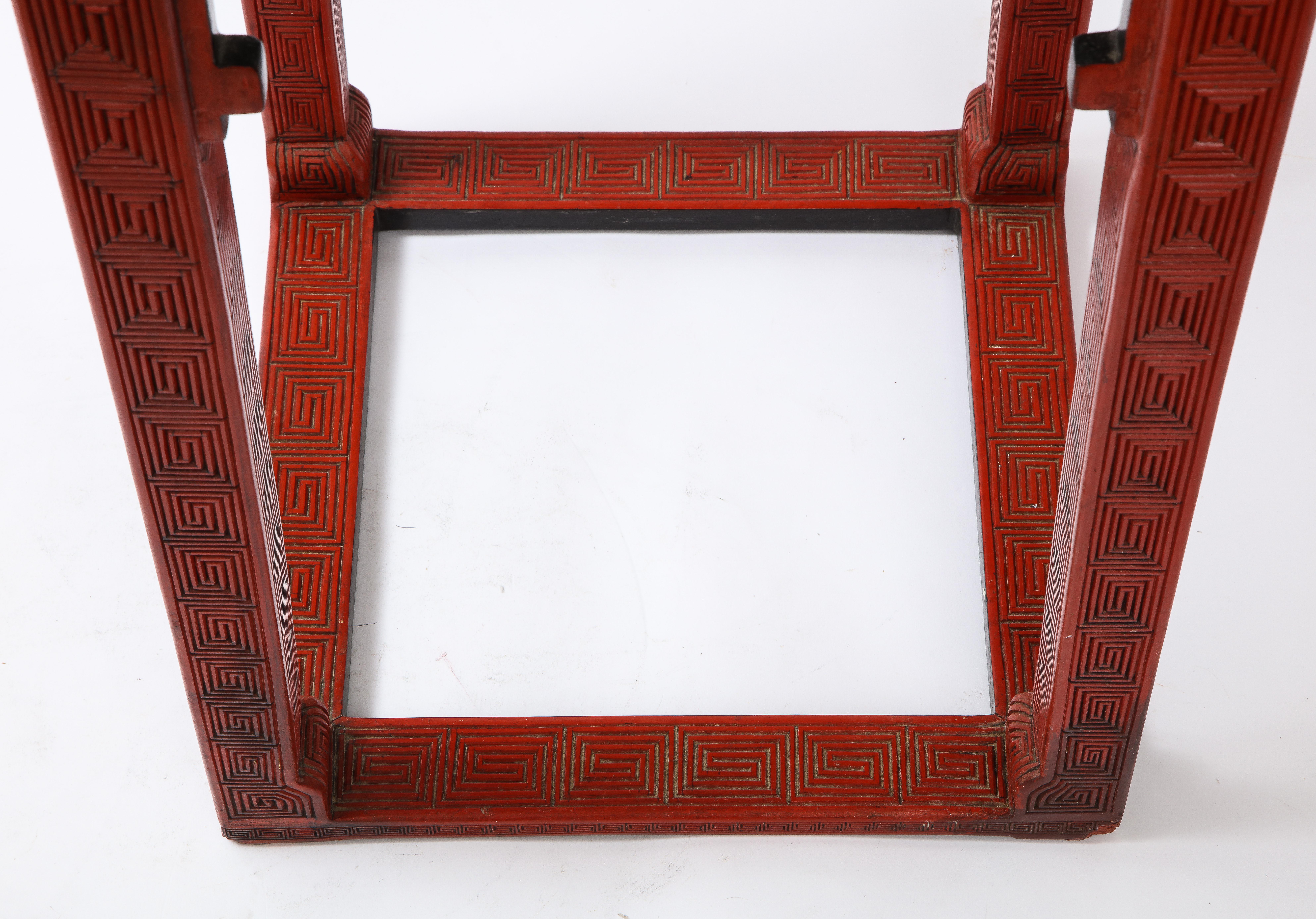 A Large Pair of 19th C. Chinese Red Cinnabar Lacquer 5-Claw Dragon Pedestals 9
