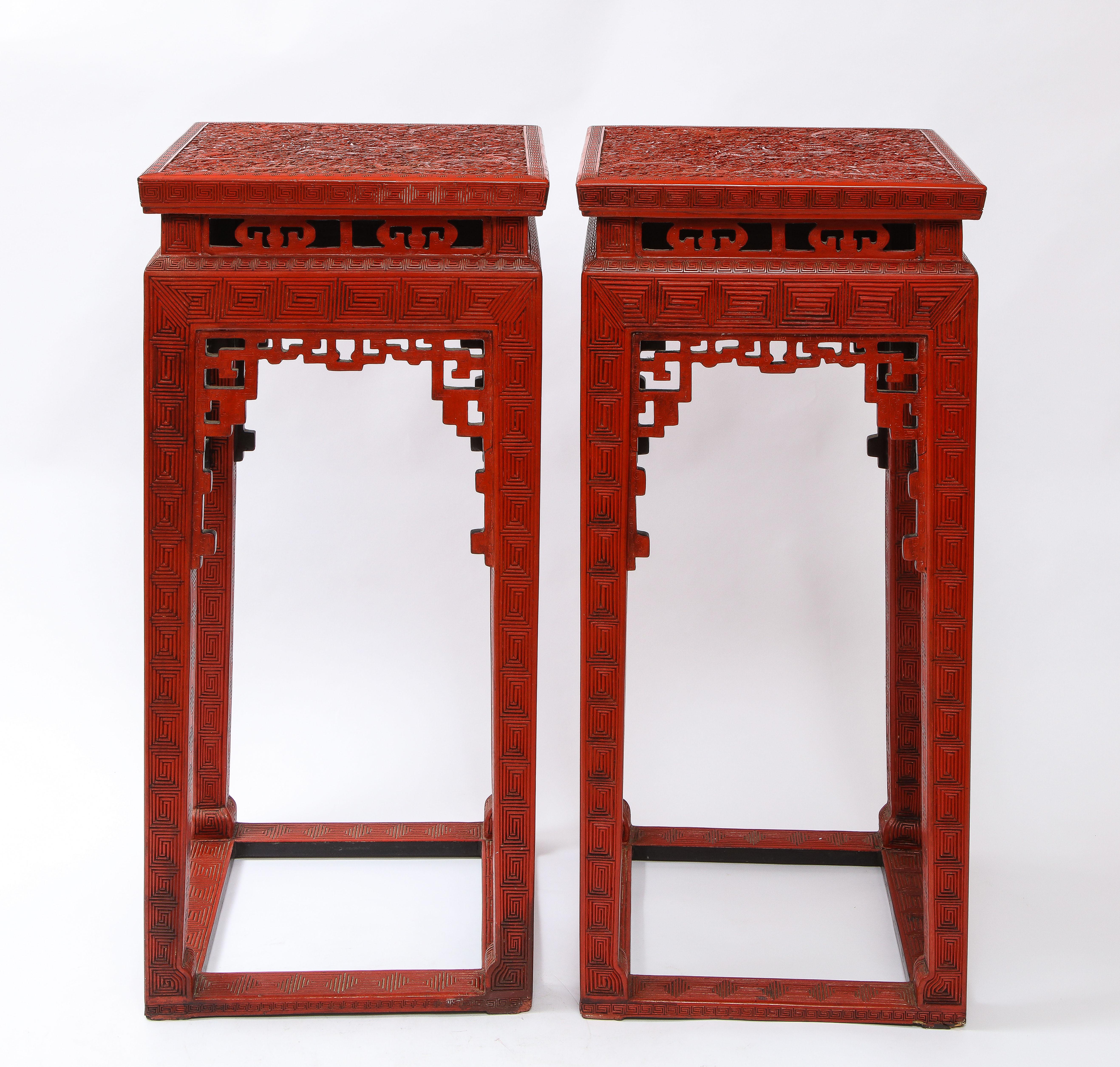 Qing A Large Pair of 19th C. Chinese Red Cinnabar Lacquer 5-Claw Dragon Pedestals