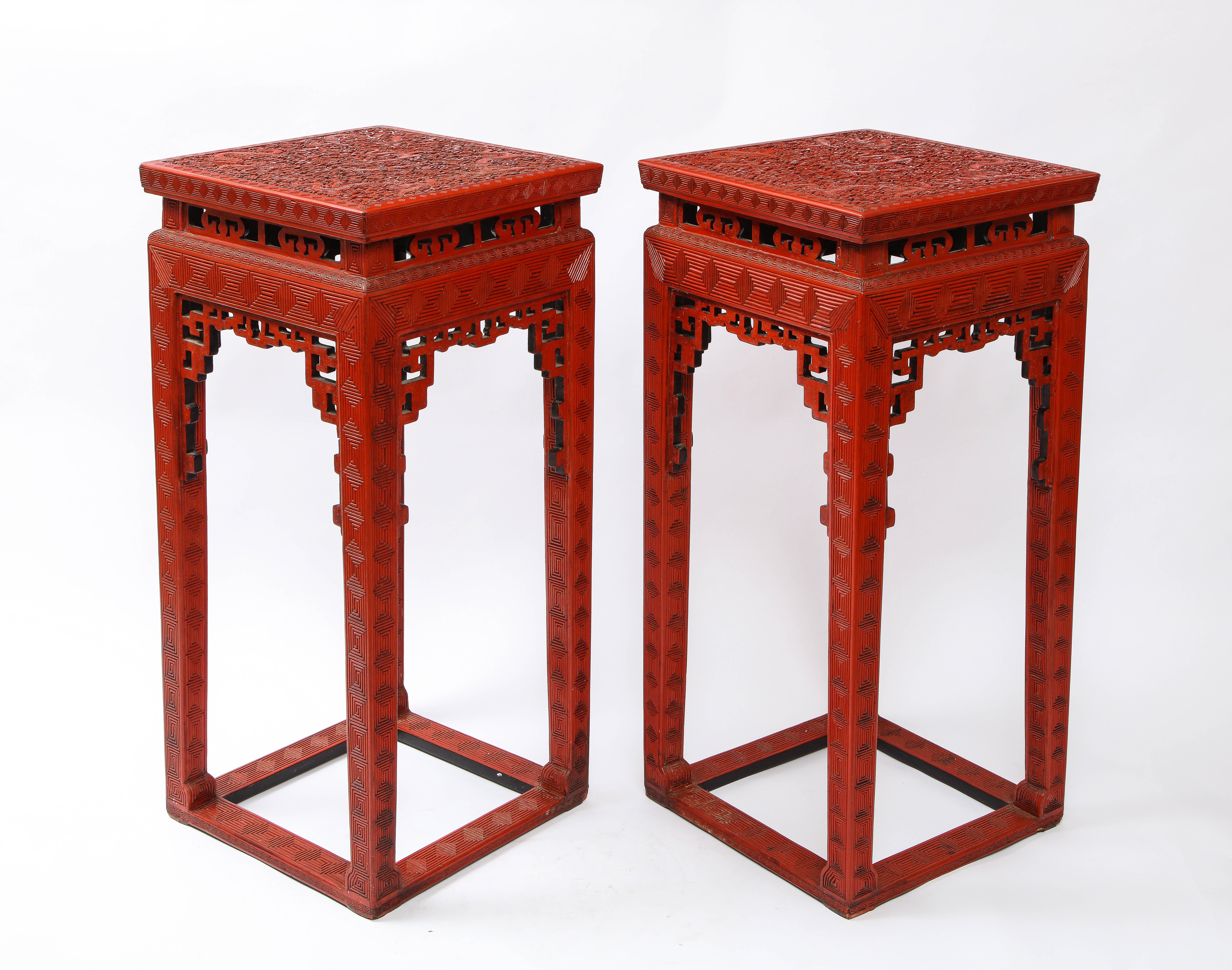 Hand-Carved A Large Pair of 19th C. Chinese Red Cinnabar Lacquer 5-Claw Dragon Pedestals