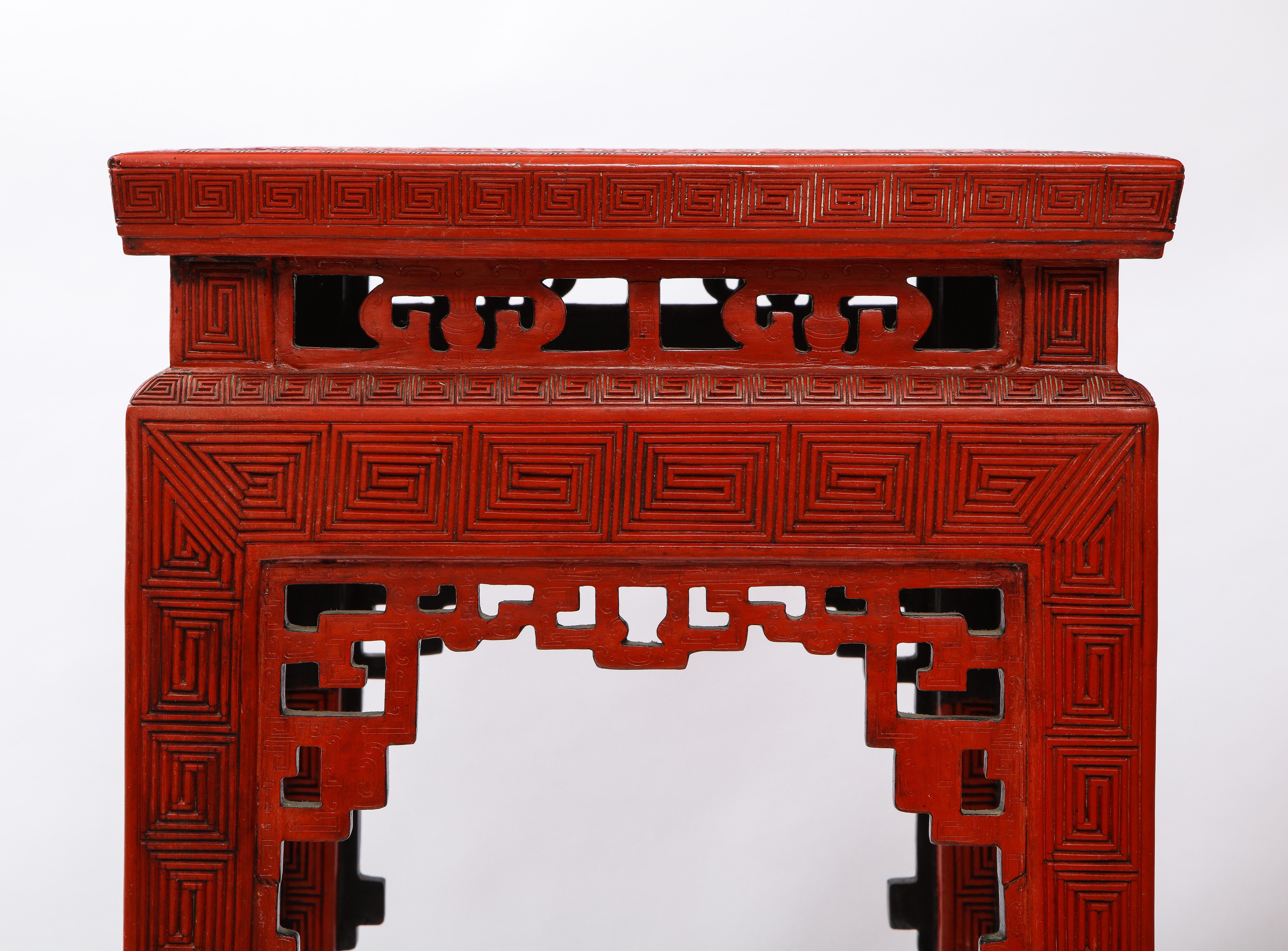 A Large Pair of 19th C. Chinese Red Cinnabar Lacquer 5-Claw Dragon Pedestals 1