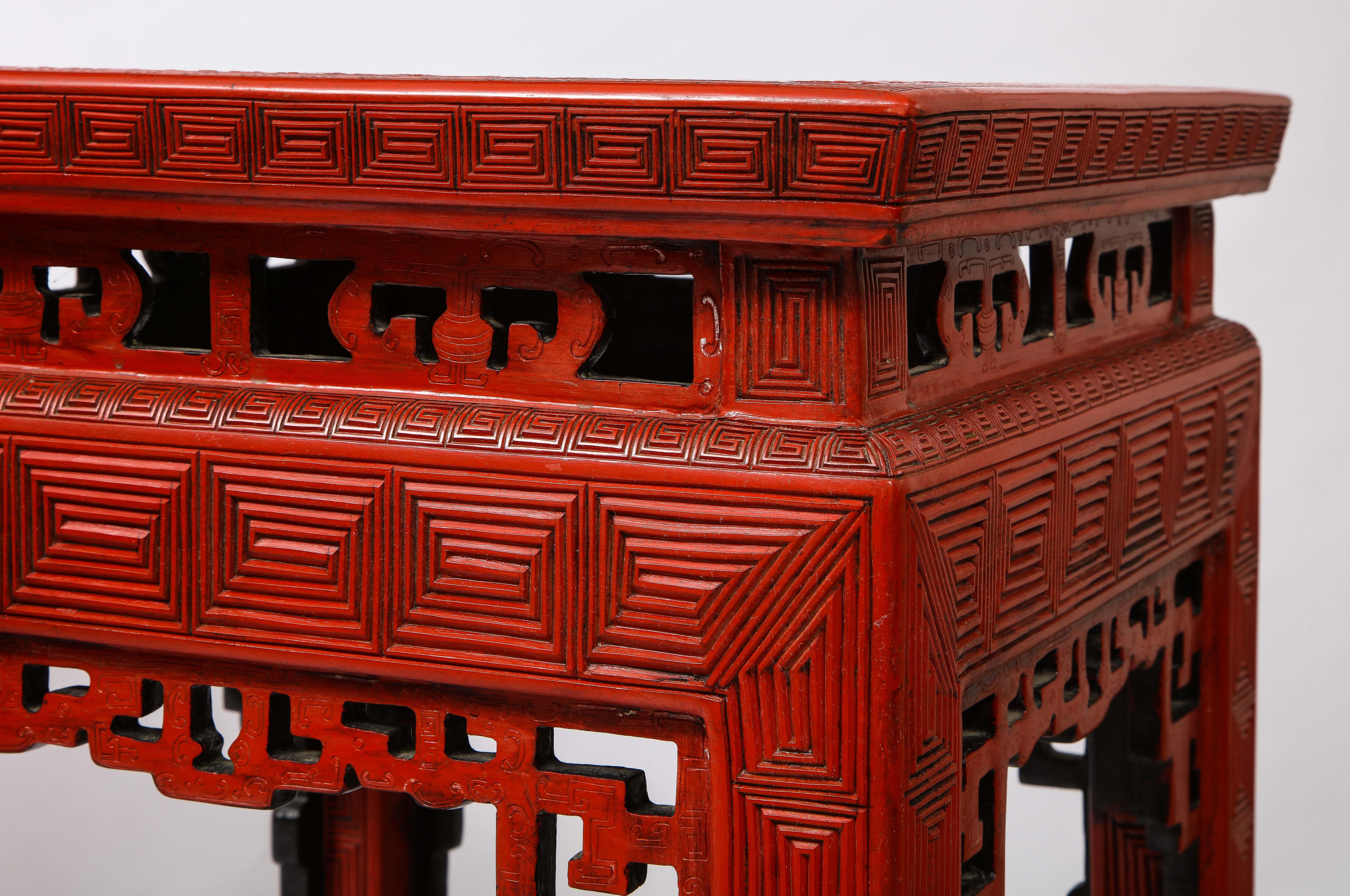 A Large Pair of 19th C. Chinese Red Cinnabar Lacquer 5-Claw Dragon Pedestals 2