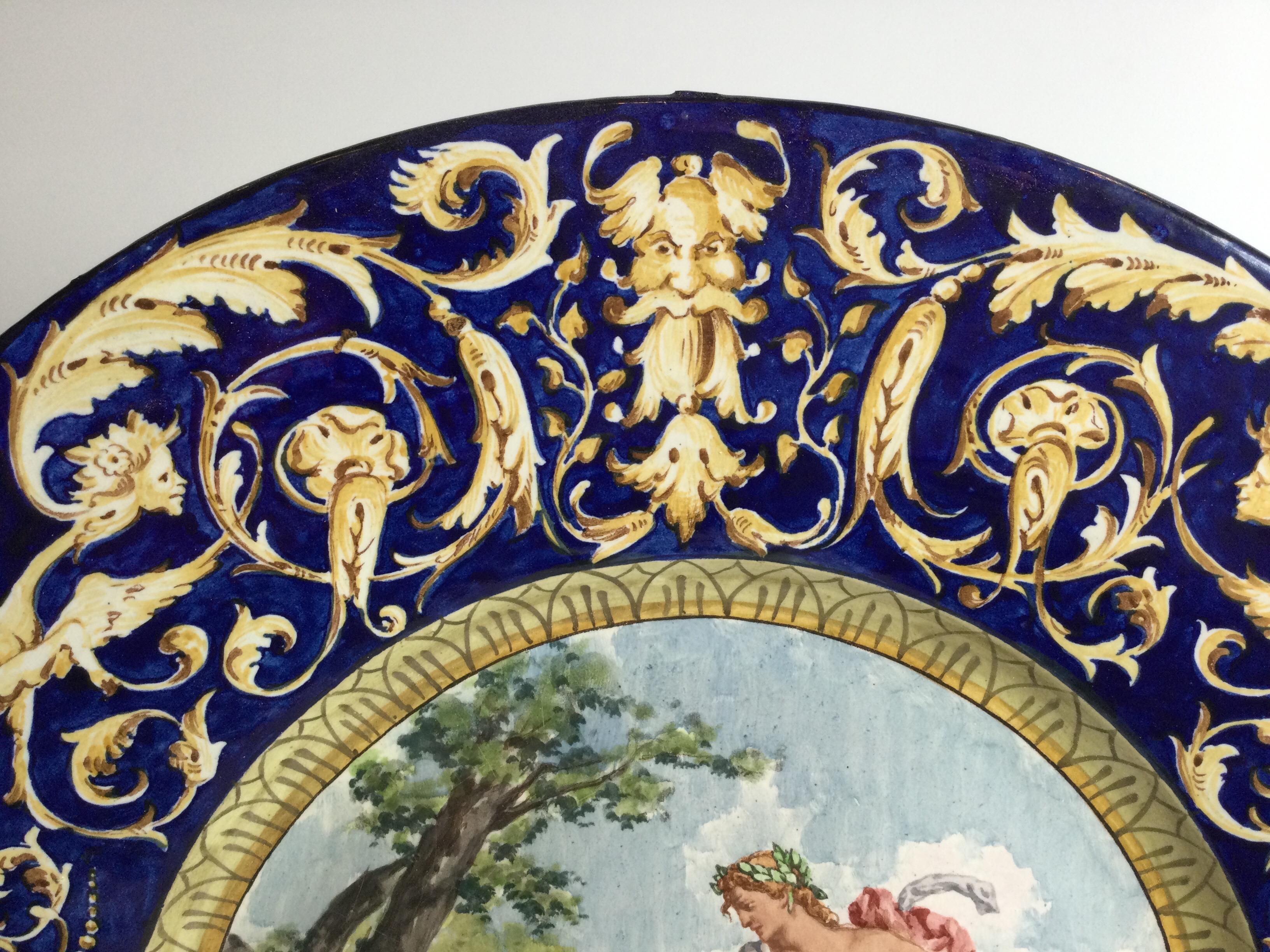 Renaissance Revival Large Pair of 19th Century Allegorical Italian Faience Hanging Wall Charger For Sale