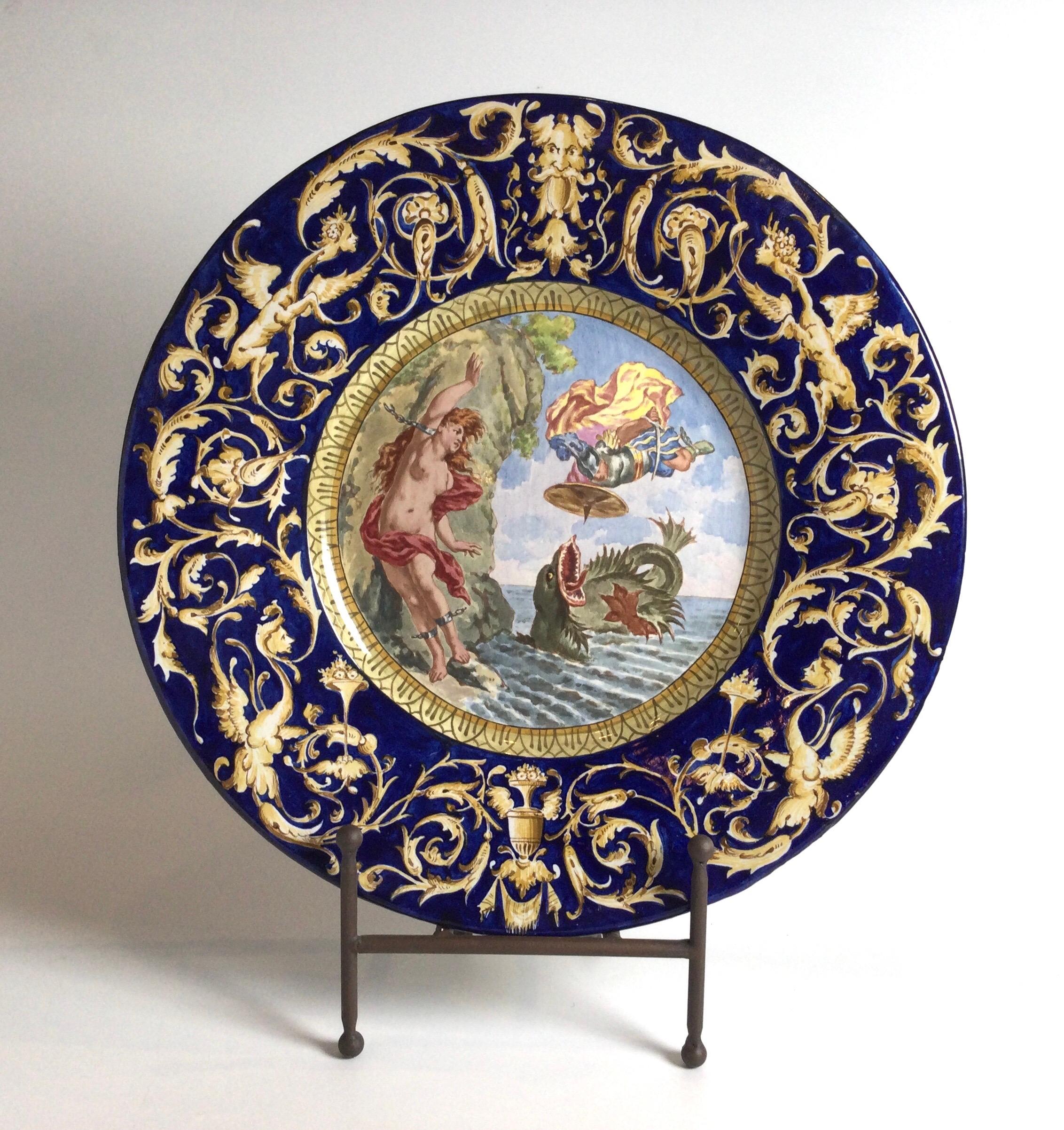 Large Pair of 19th Century Allegorical Italian Faience Hanging Wall Charger For Sale 2