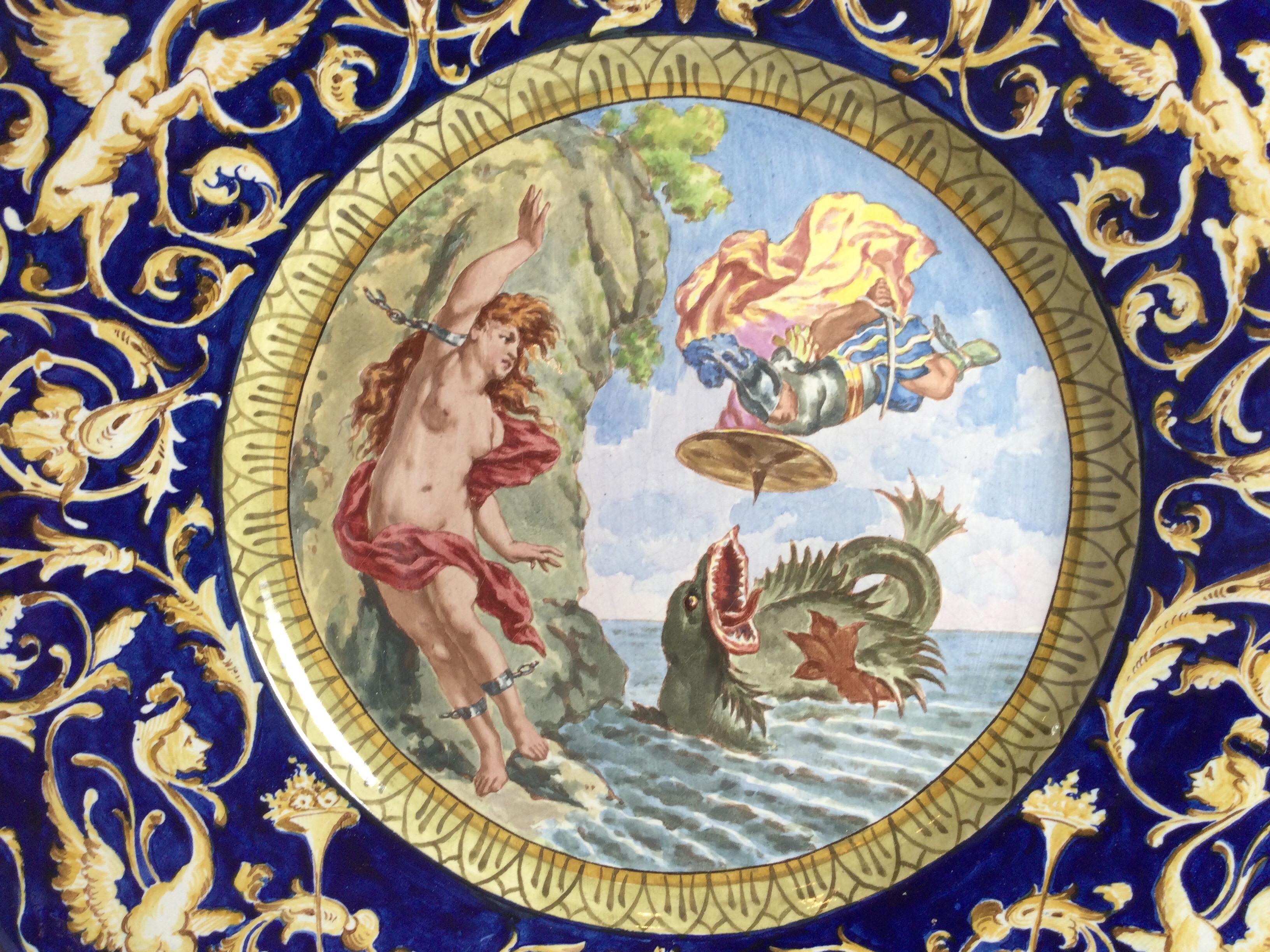 Large Pair of 19th Century Allegorical Italian Faience Hanging Wall Charger For Sale 3