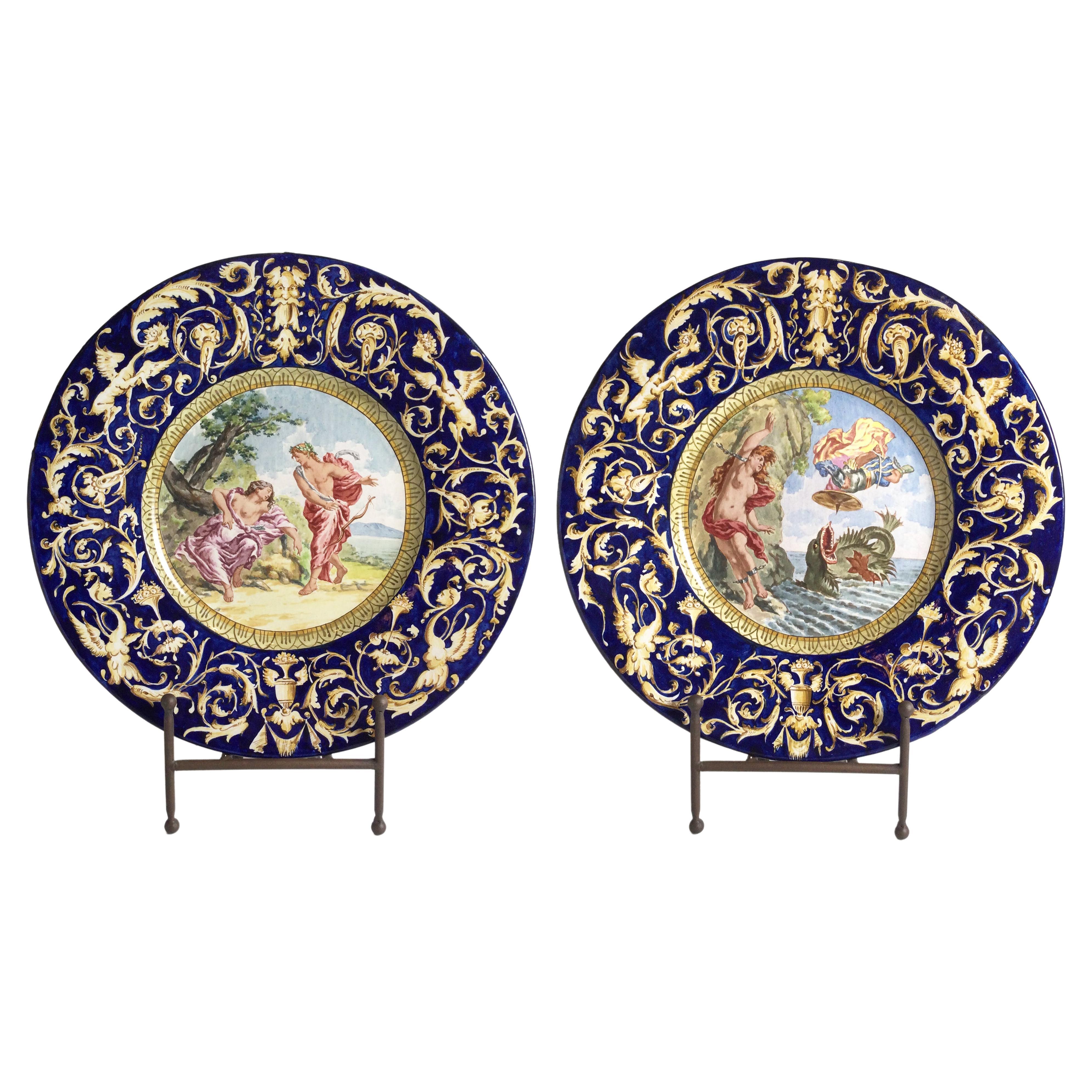 Large Pair of 19th Century Allegorical Italian Faience Hanging Wall Charger