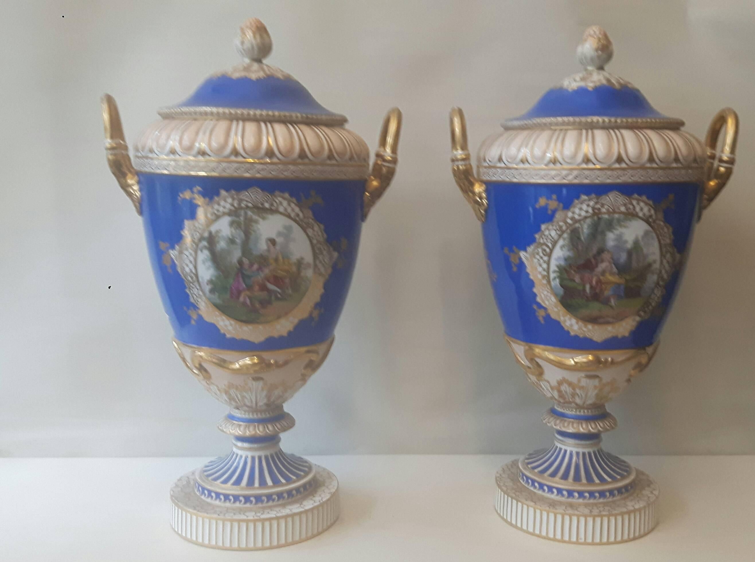 Glazed Large Pair of 19th Century Berlin Vases and Lids For Sale