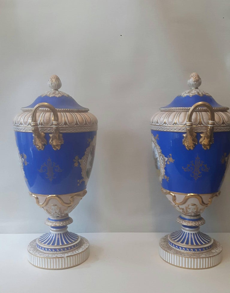 Large Pair of 19th Century Berlin Vases and Lids For Sale at 1stDibs