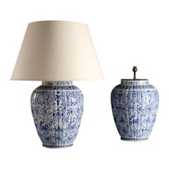 Large Pair of 19th Century Blue and White Delft Vases as Table Lamps