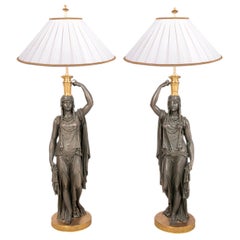 Large Pair of 19th Century Bronze and Ormolu Egyptian Lamps