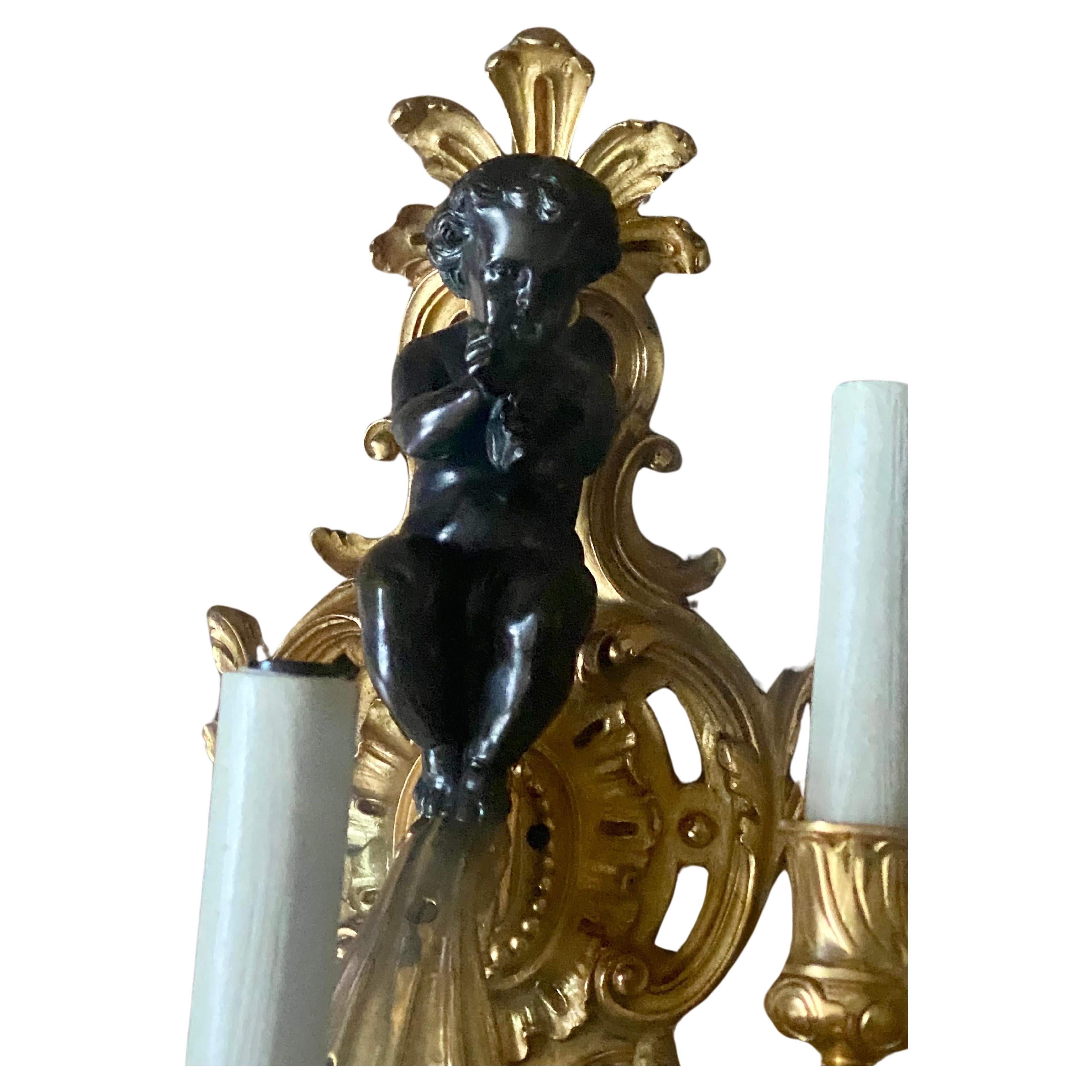 A Large Pair of 19th Century French Gilt Bronze Dore Cherub Wall Sconces For Sale 6