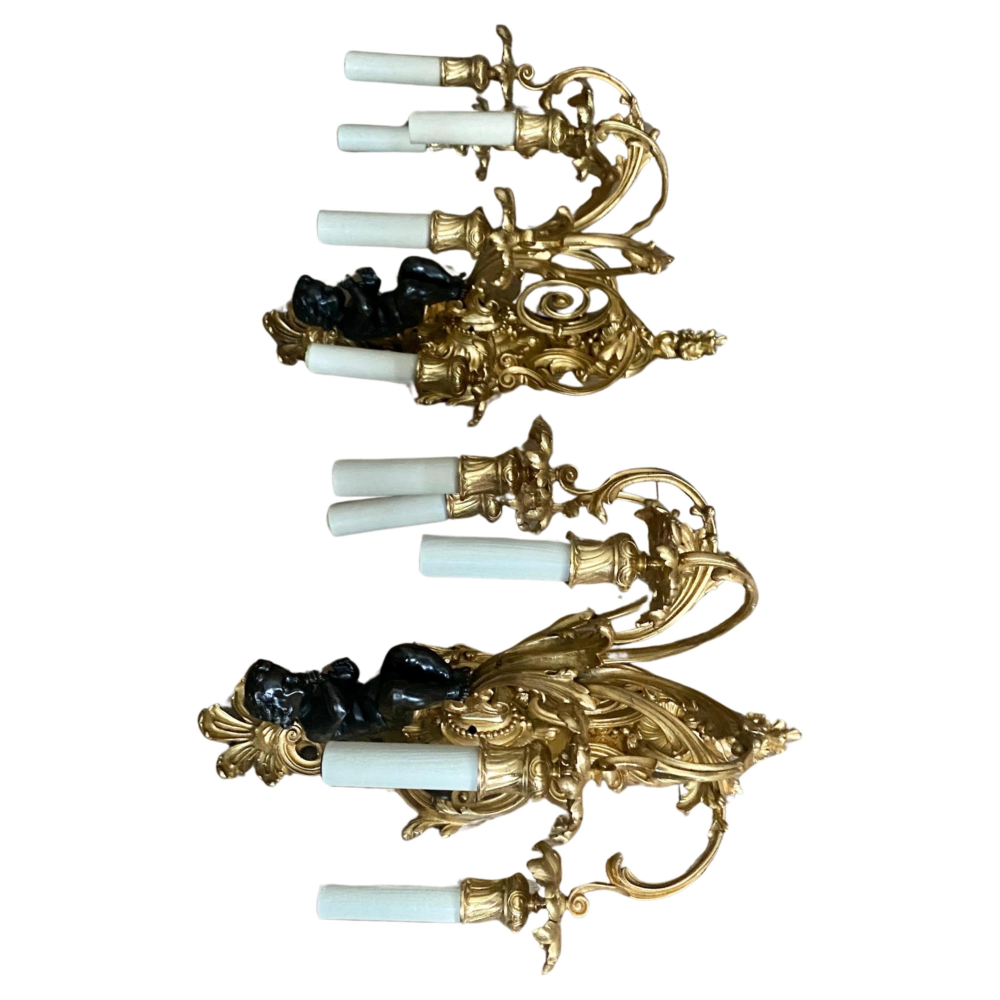 A Large Pair of 19th Century French Gilt Bronze Dore Cherub Wall Sconces For Sale 9