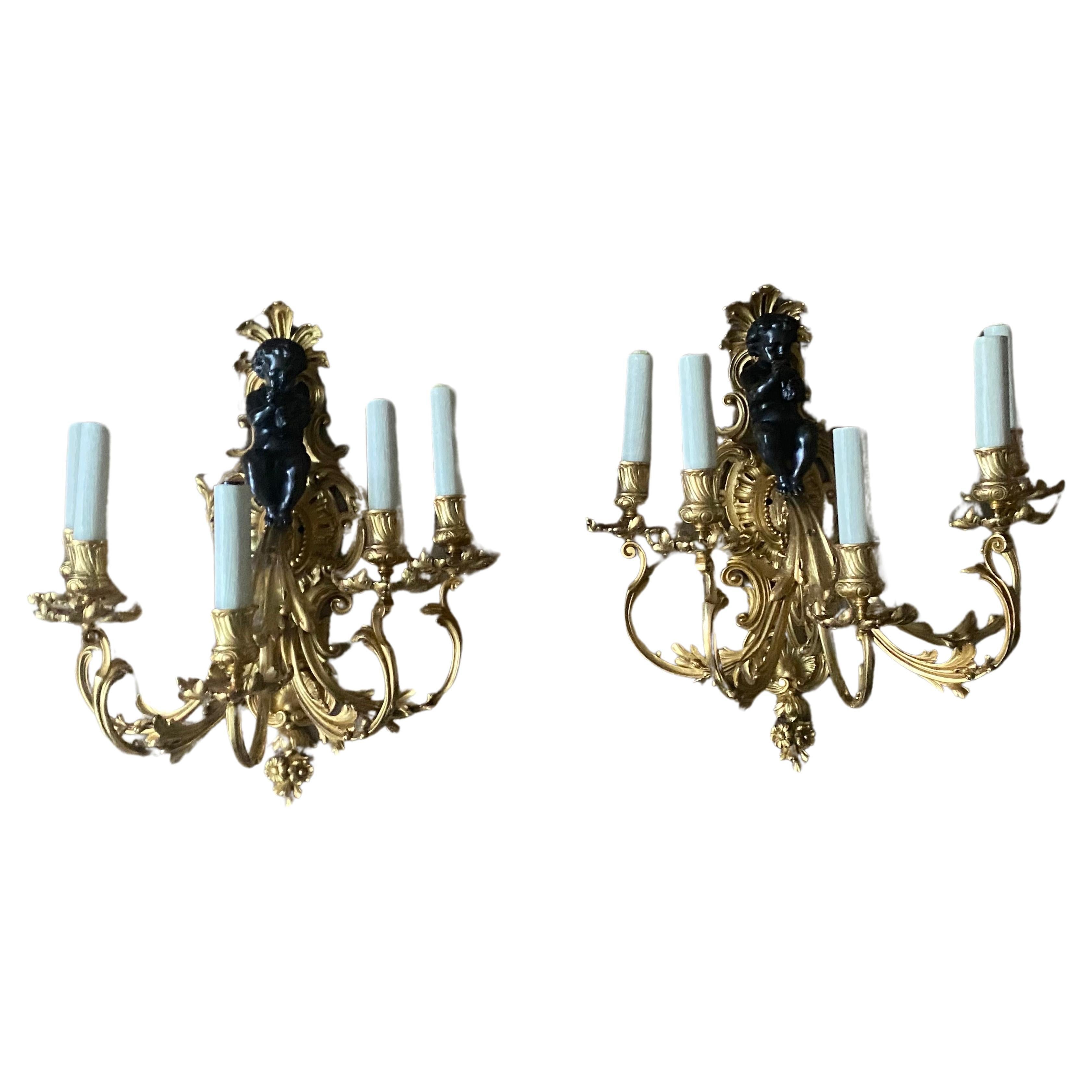 A Large Pair of 19th Century French Gilt Bronze Dore Cherub Wall Sconces For Sale 10