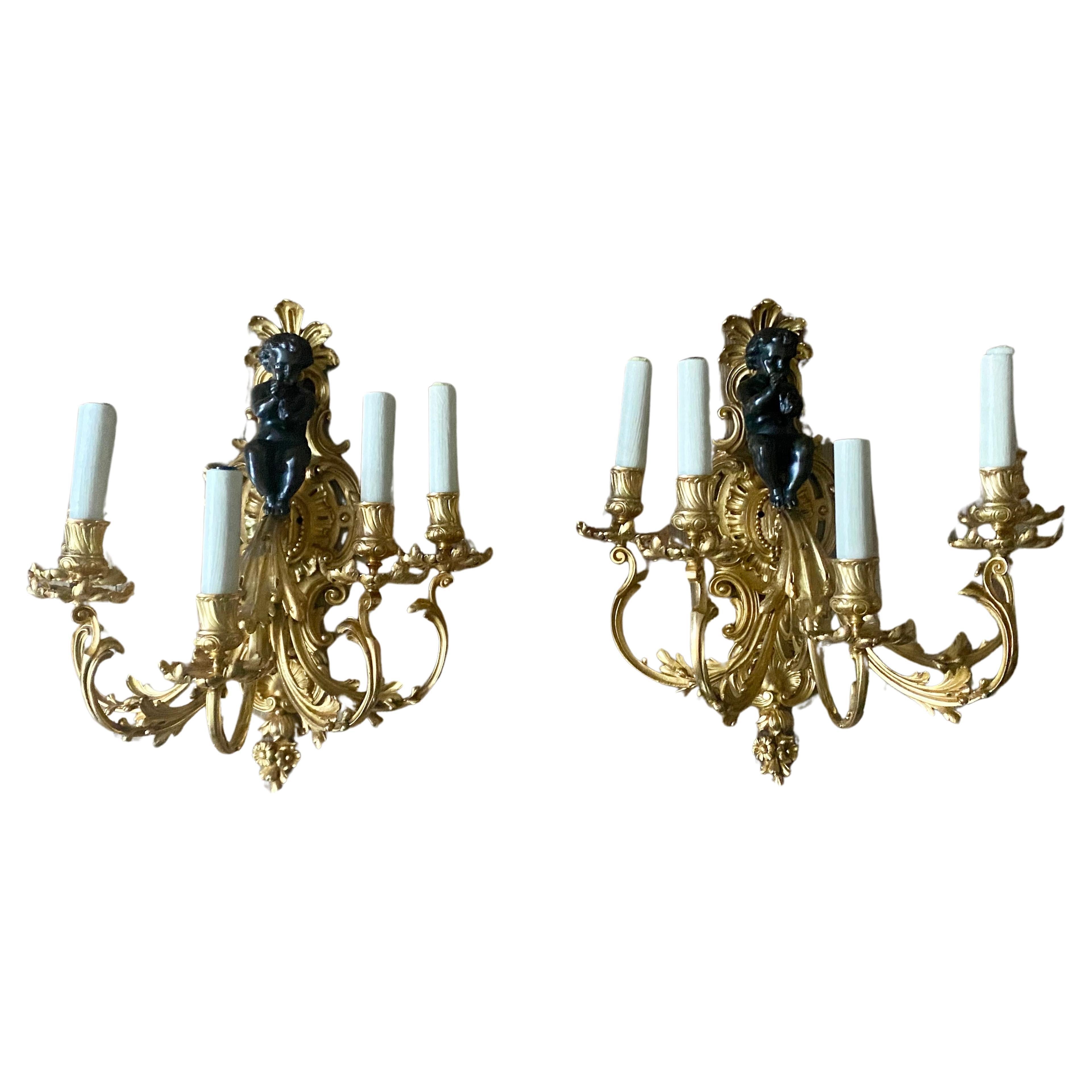 A Large Pair of 19th Century French Gilt Bronze Dore Cherub Wall Sconces For Sale 11