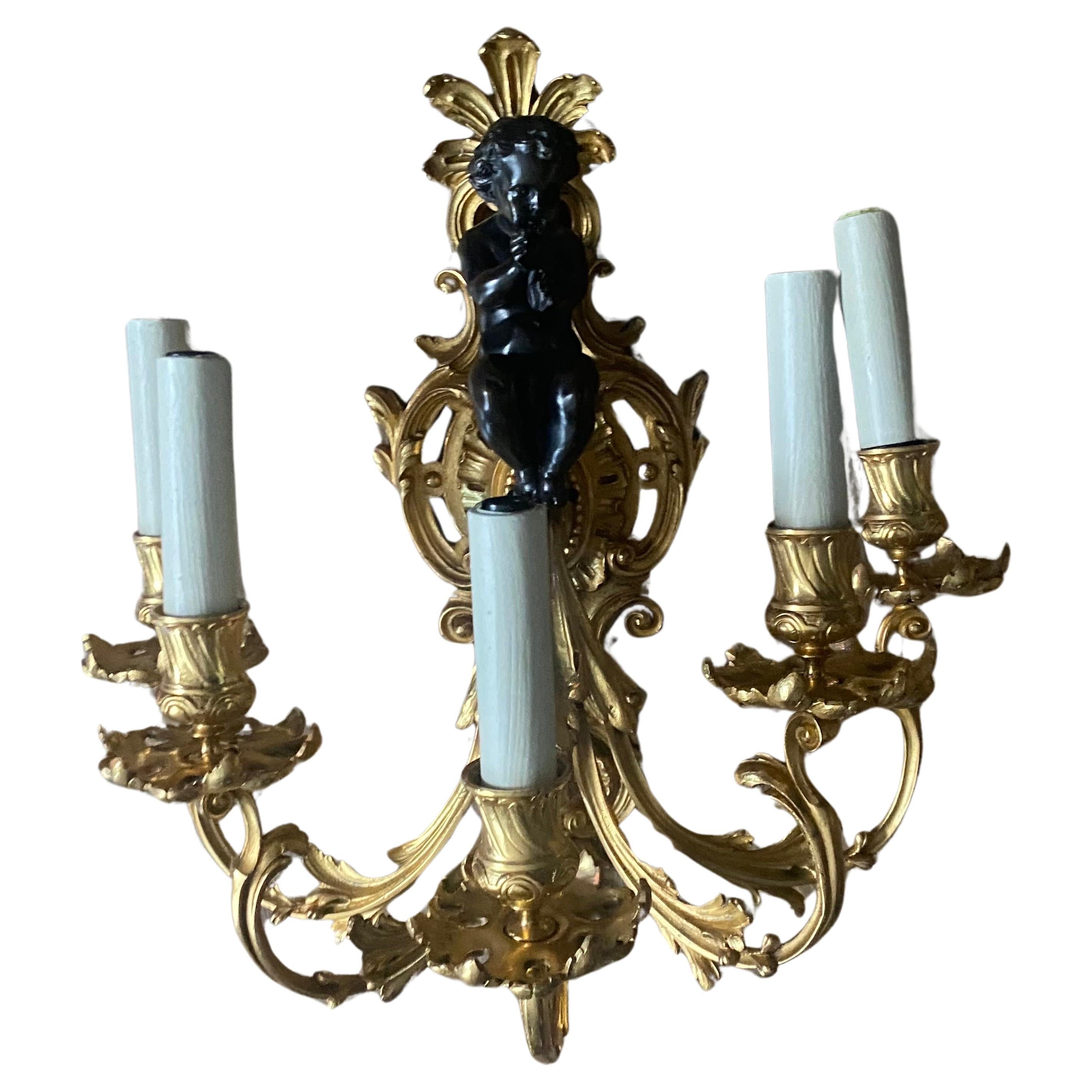 A Large Pair of 19th Century French Gilt Bronze Dore Cherub Wall Sconces In Excellent Condition For Sale In London, GB
