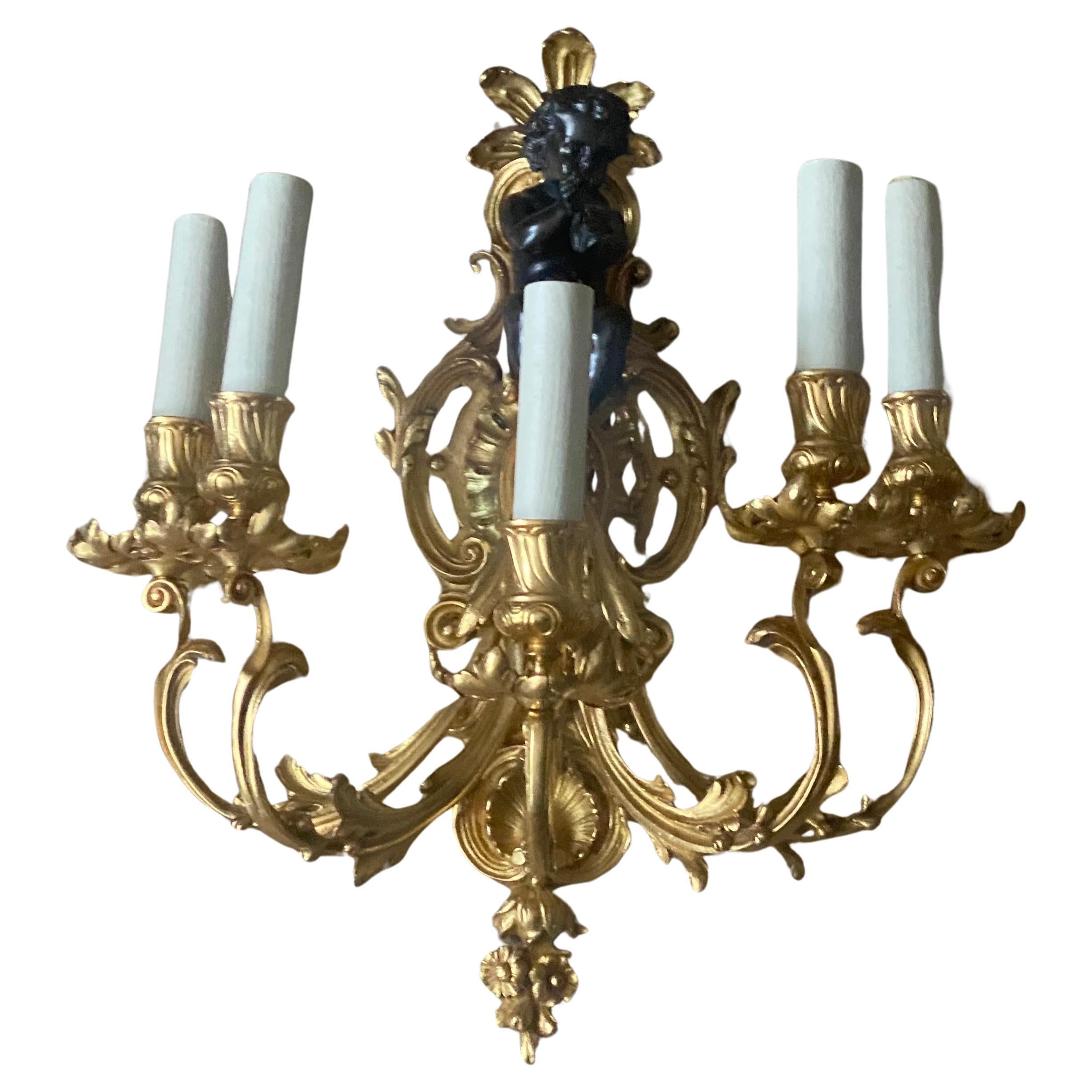 A Large Pair of 19th Century French Gilt Bronze Dore Cherub Wall Sconces For Sale 4