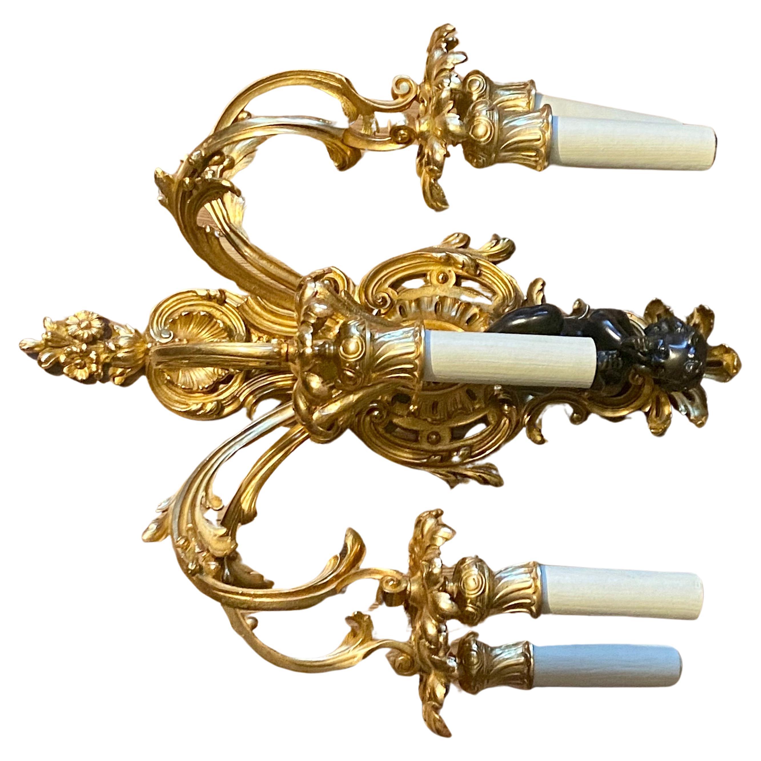 A Large Pair of 19th Century French Gilt Bronze Dore Cherub Wall Sconces For Sale 5