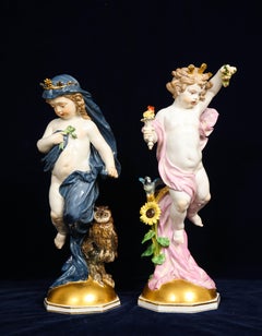 Large Pair of 19th Century Meissen Porcelain "Day & Night" Figures of Putti