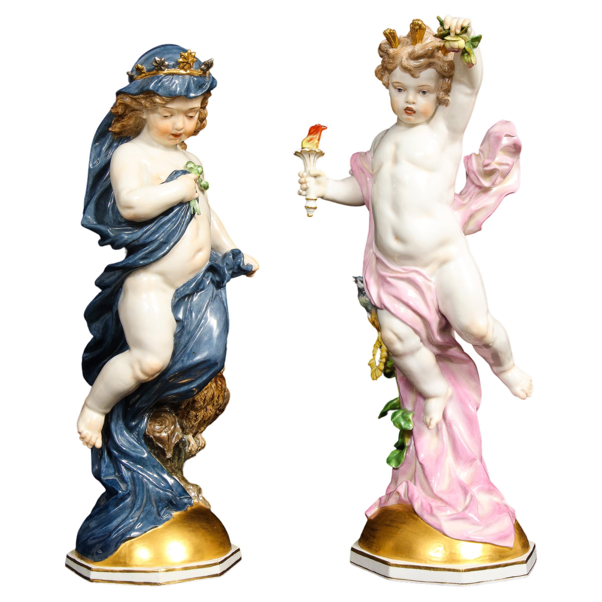 Large Pair of 19th Century Meissen Porcelain "Day & Night" Figures of Putti