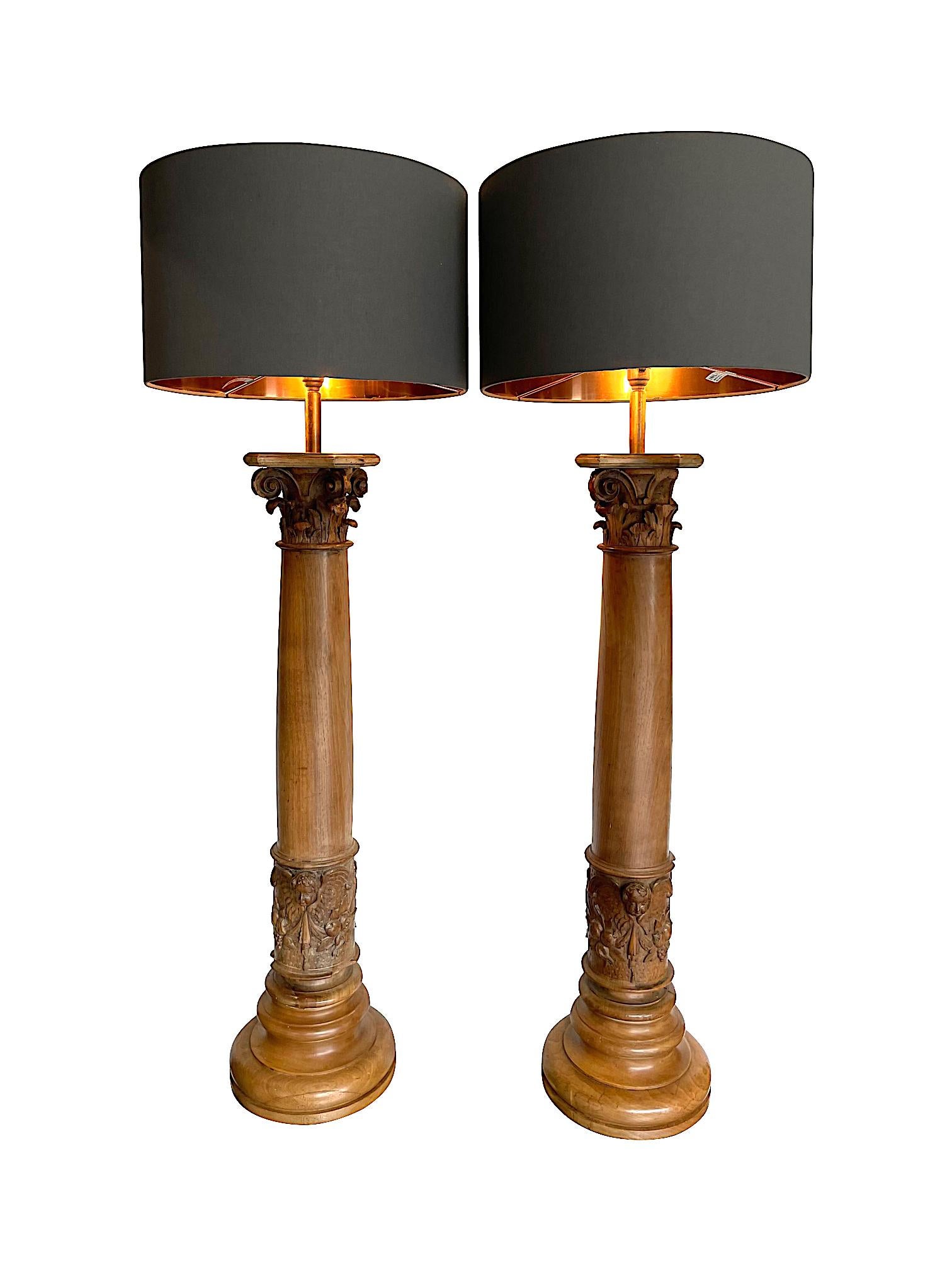 Large Pair of 19th Century Oak Corinthian Column Lamps with Carved Cherubs 4