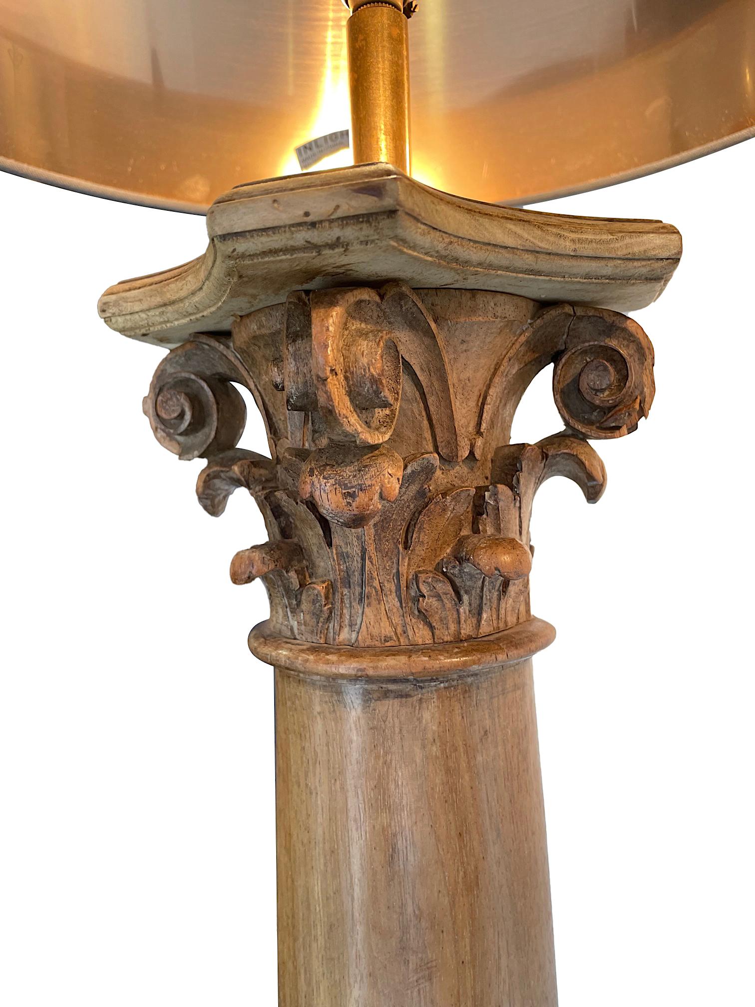 Large Pair of 19th Century Oak Corinthian Column Lamps with Carved Cherubs 8